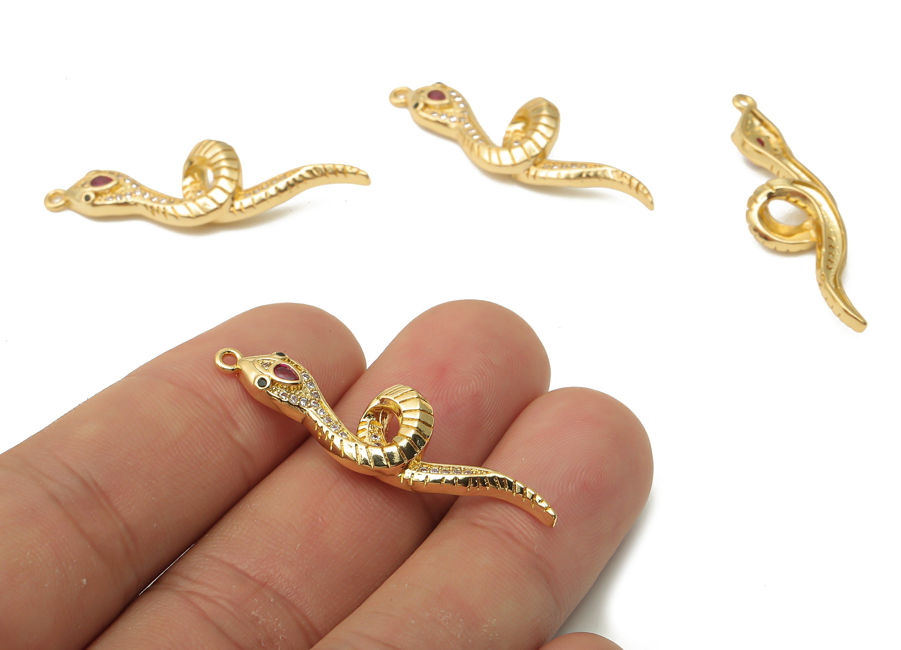 Brass Snake Pendant - Brass Snake Textured Necklace with Zircons - Snake Charm - 18K Real Gold Plated - 39.2x11.08x2.04mm - RGP4912 - DOMEDBAZAAR