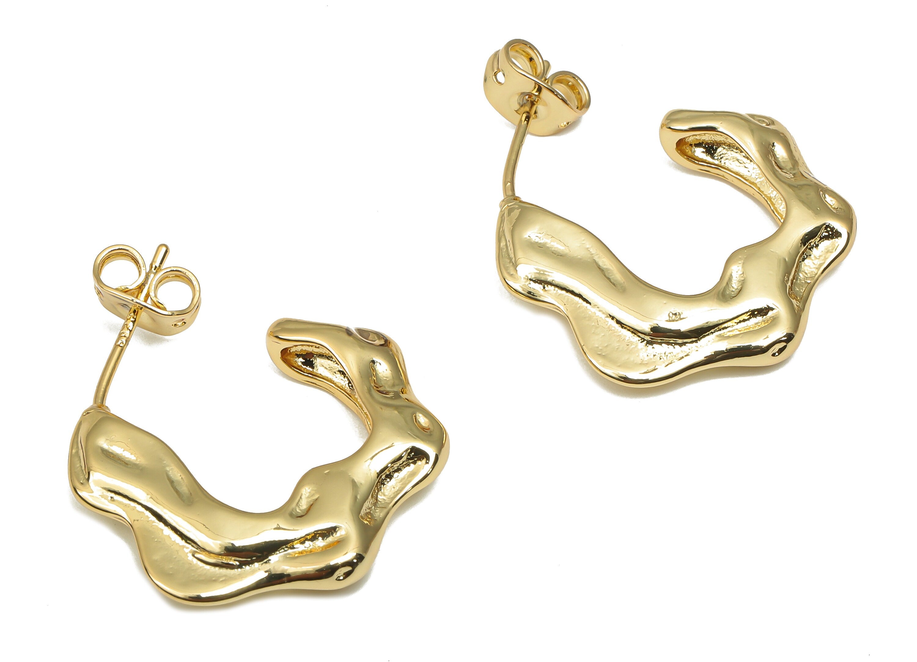 Brass Open Hoop Earring - Gold Melting C Hoop Earring - Imitation Silver Stud - 18K Real Gold Plated Brass Stud - 21.7x18.54x4.12mm- RGP4544 - DOMEDBAZAAR
