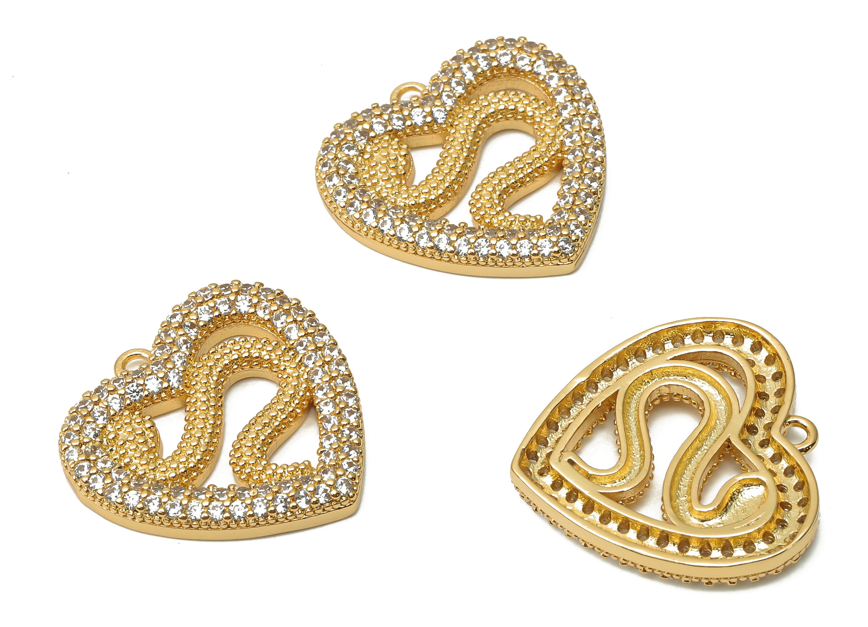Brass Snake Earring with Zircons - Brass Snake Necklace - Heart Pendant - Snake Pendant - 18K Real Gold Plated - 21.29x21.07x3mm - RGP4914 - DOMEDBAZAAR