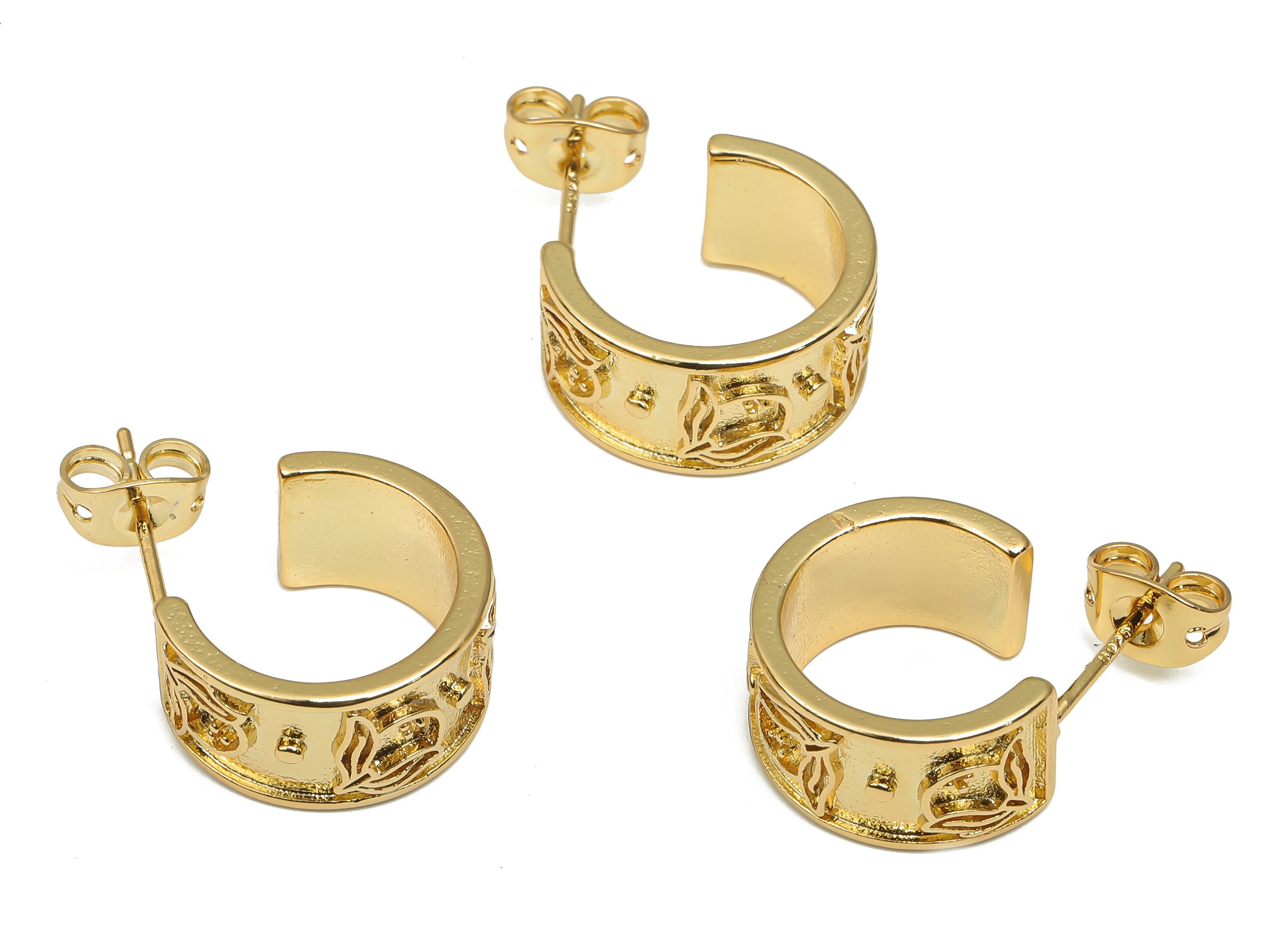 Gold Thick Hoop Earring - Bass Flower Hoop Earring - 18K Real Gold Plated Brass Posts - Imitation Silver Stud -15.1x7.8x1.6mm - RGP4546 - DOMEDBAZAAR