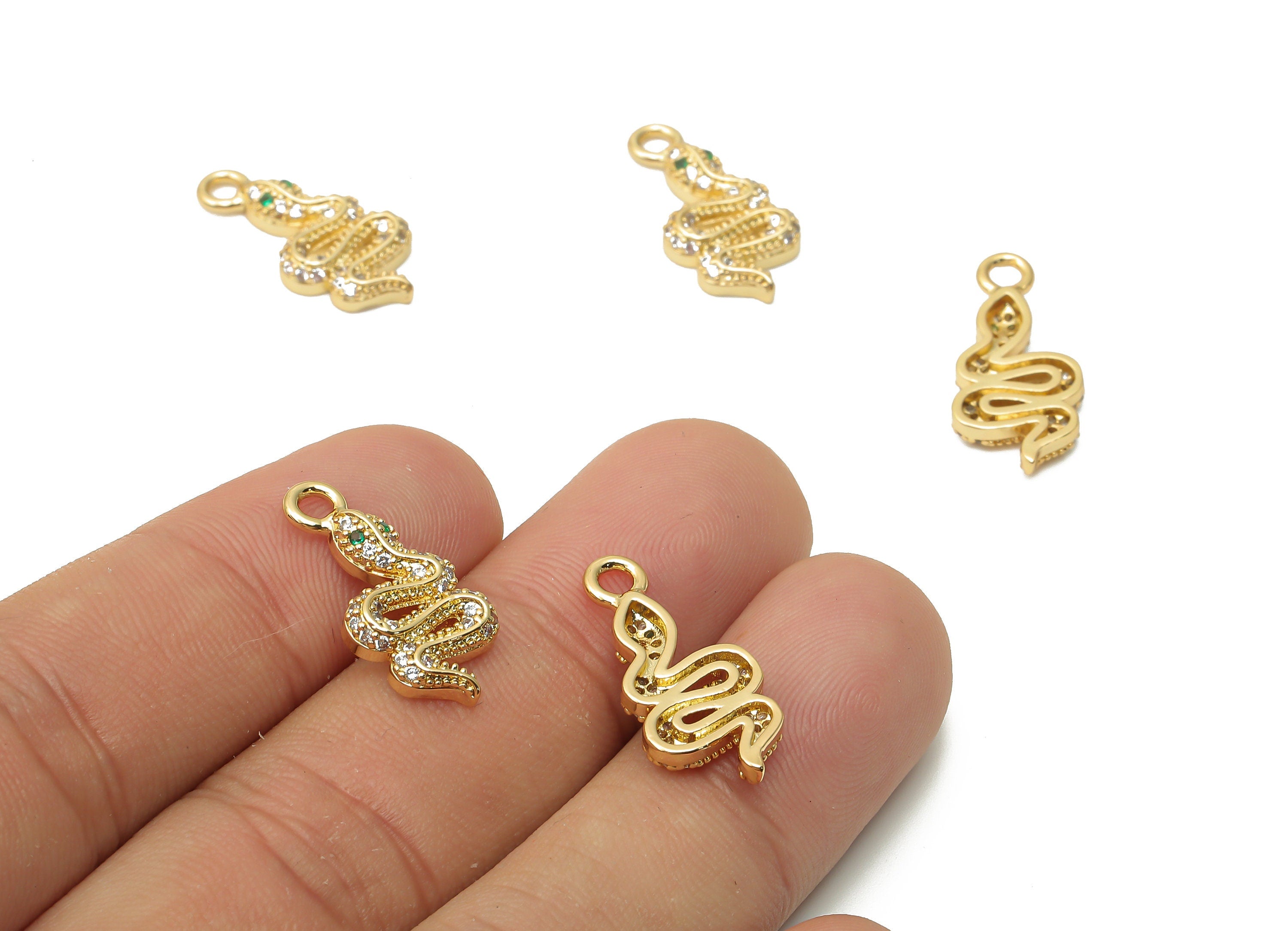 Brass Green Eye Snake Earring Charms - Brass Dot Snake Pendant with Zircon - For Necklace - 18K Real Gold Plated -21.93x10.03x3.16mm-RGP4916 - DOMEDBAZAAR
