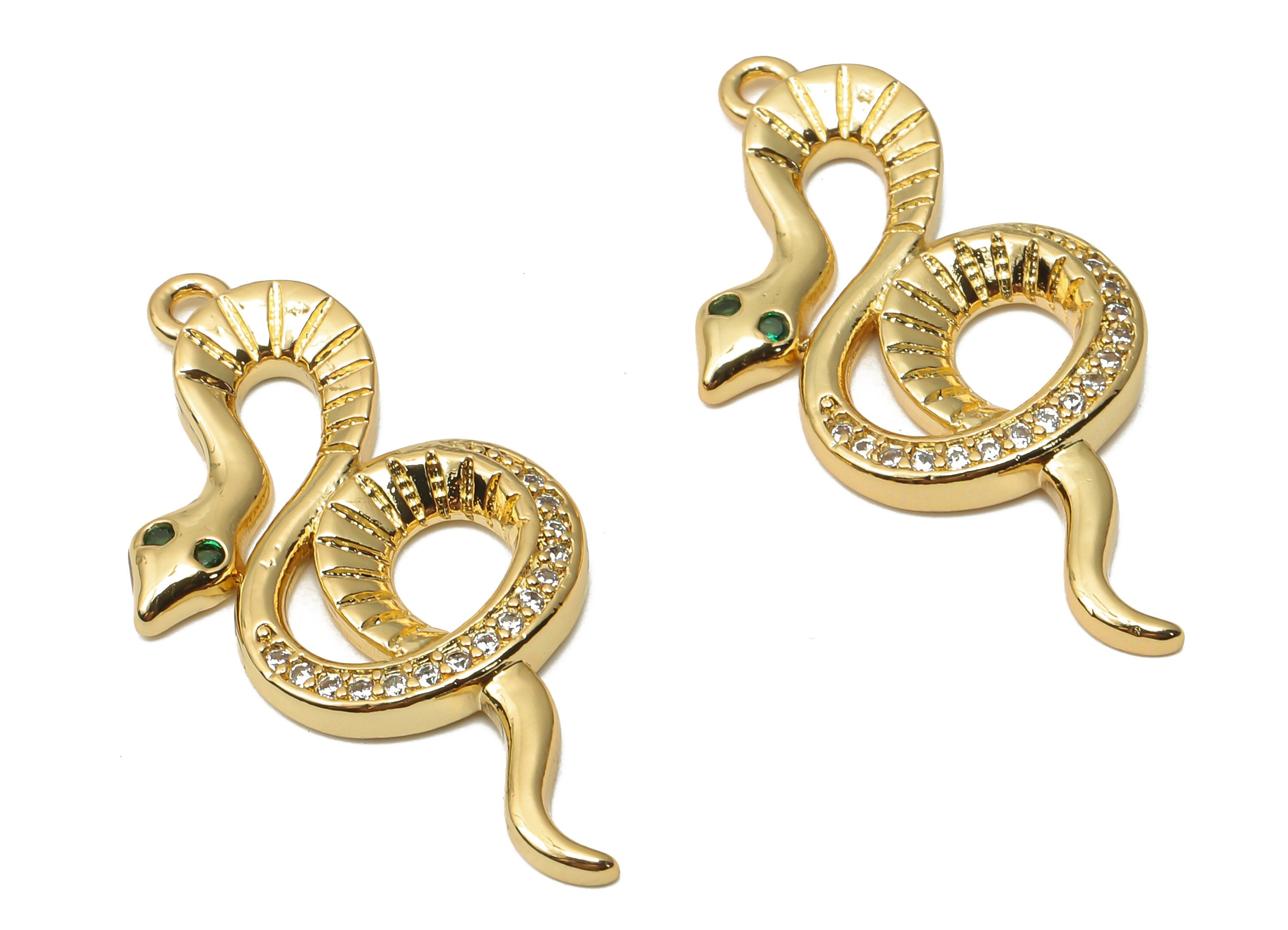 Brass Green Eye Snake Earring with Zircon - Brass Textured Snake Necklace - Snake Pendant - 18K Real Gold Plated -33.18x17.1x2.2mm - RGP4917 - DOMEDBAZAAR
