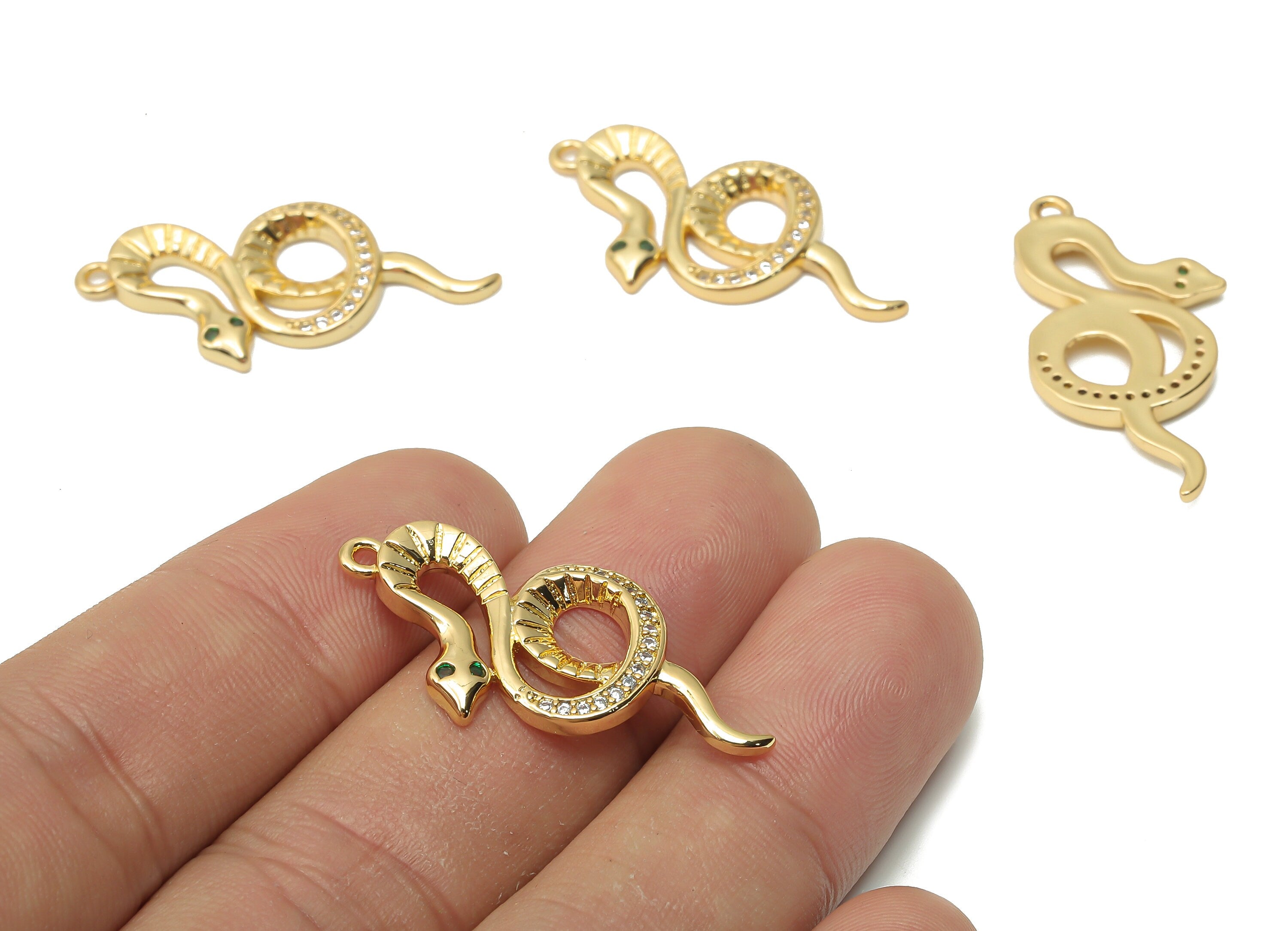Brass Green Eye Snake Earring with Zircon - Brass Textured Snake Necklace - Snake Pendant - 18K Real Gold Plated -33.18x17.1x2.2mm - RGP4917 - DOMEDBAZAAR