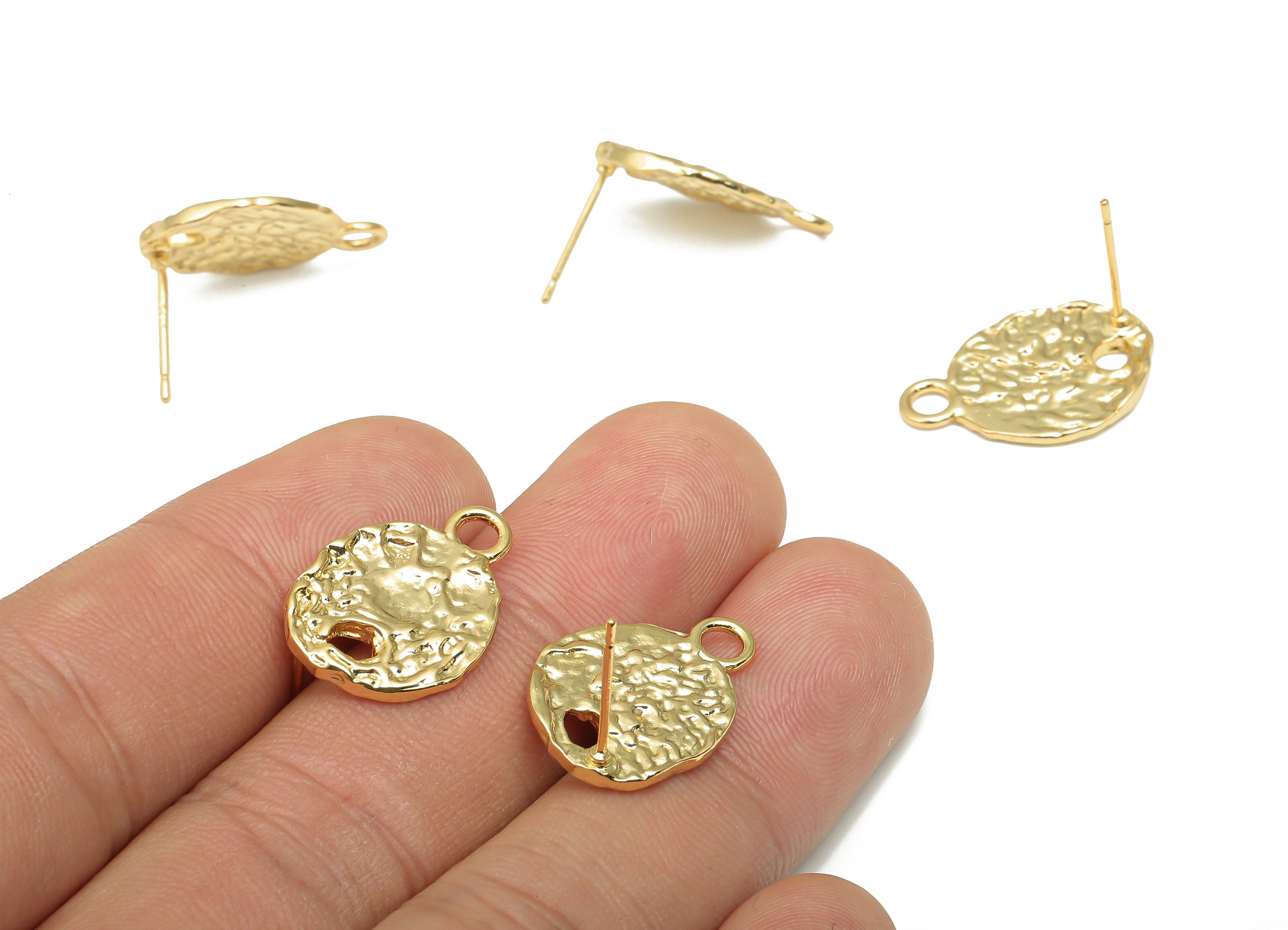 Gold Oval Earring Stud - Brass Hammered Stud With Loop - 18K Real Gold Plated Brass Earring - Imitation Silver Stud - 20.3x14x1.7mm- RGP4547 - DOMEDBAZAAR