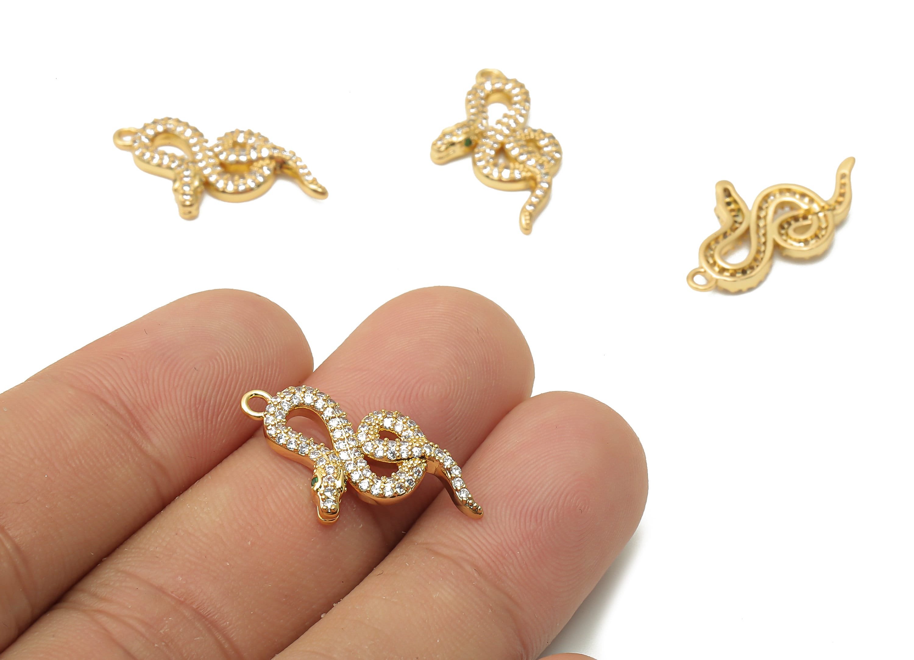 Brass Snake Earring with Zircons - Brass Green Eye Snake Charm - Brass Snake Pendant - 18K Real Gold Plated - 24.34x13.74x2.58mm - RGP4919 - DOMEDBAZAAR
