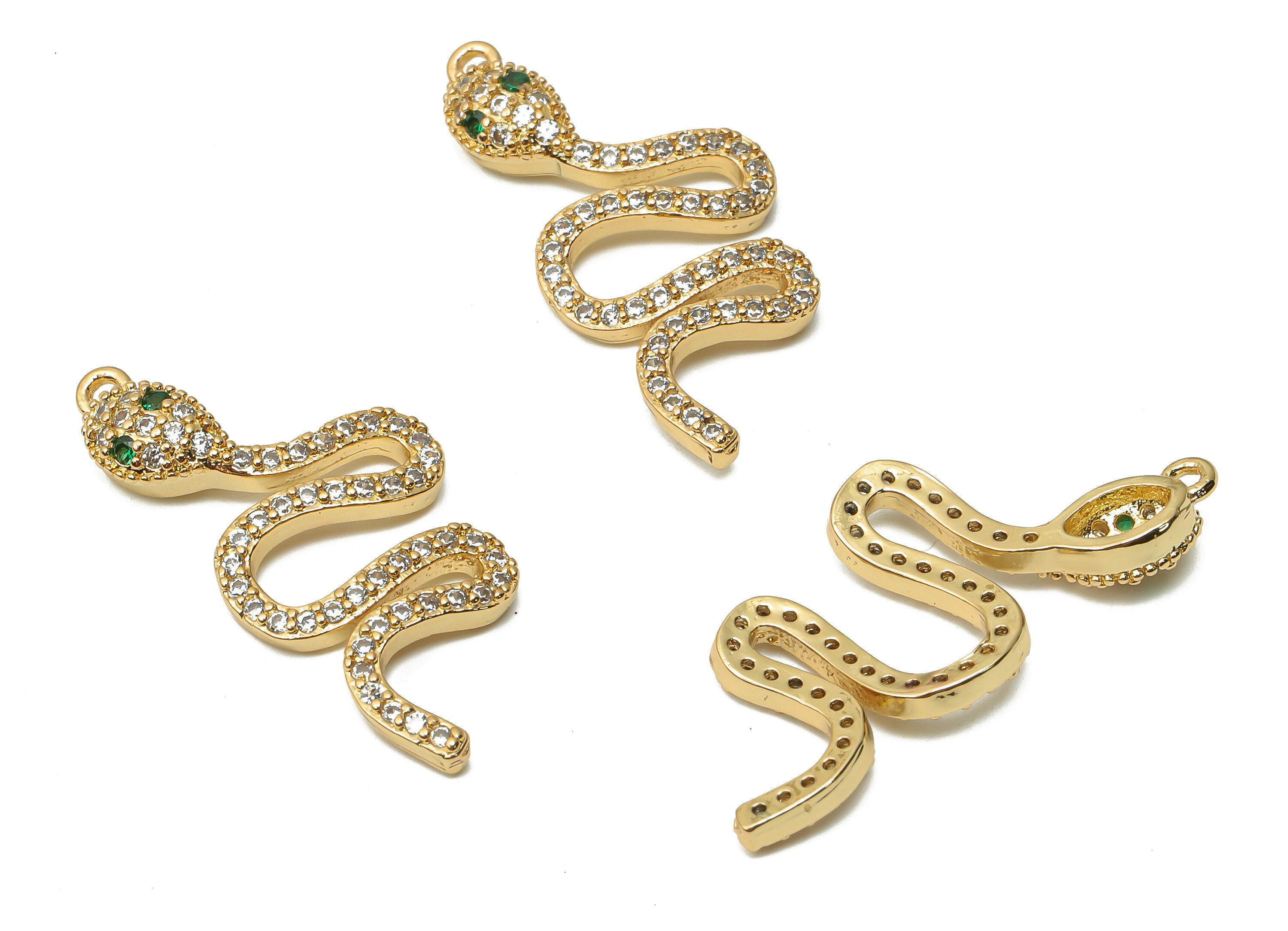 Brass Snake Earring with Zircons - Brass Green Eye Snake Charm - Brass Snake Pendant - 18K Real Gold Plated - 30.88x14.8x3.82mm - RGP4920 - DOMEDBAZAAR