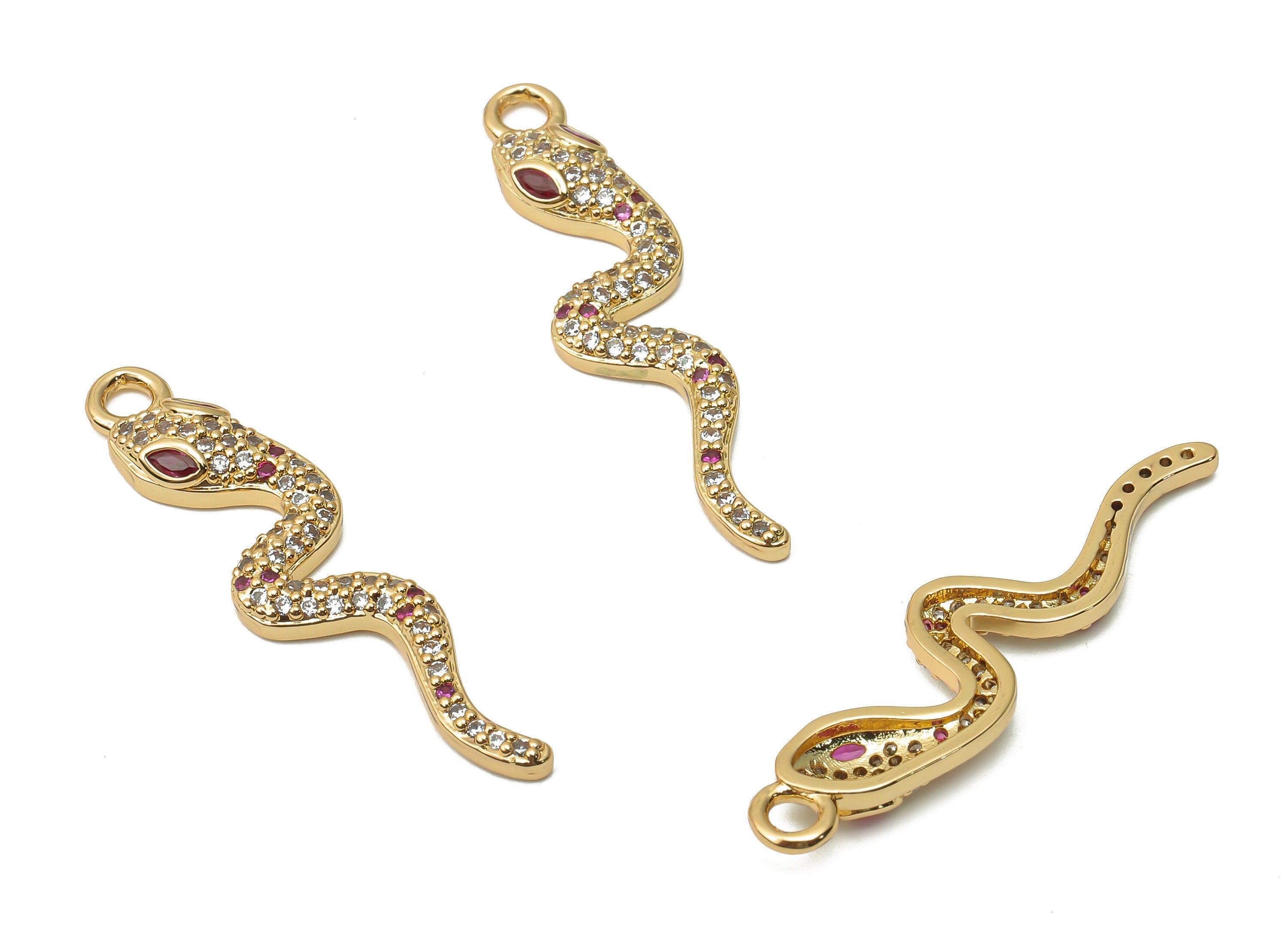 Brass Mini Snake Earring Charms - Brass Snake Necklace with Zircons - Snake For Pendant- 18K Real Gold Plated -34.88x8.35x3.2mm - RGP4921 - DOMEDBAZAAR