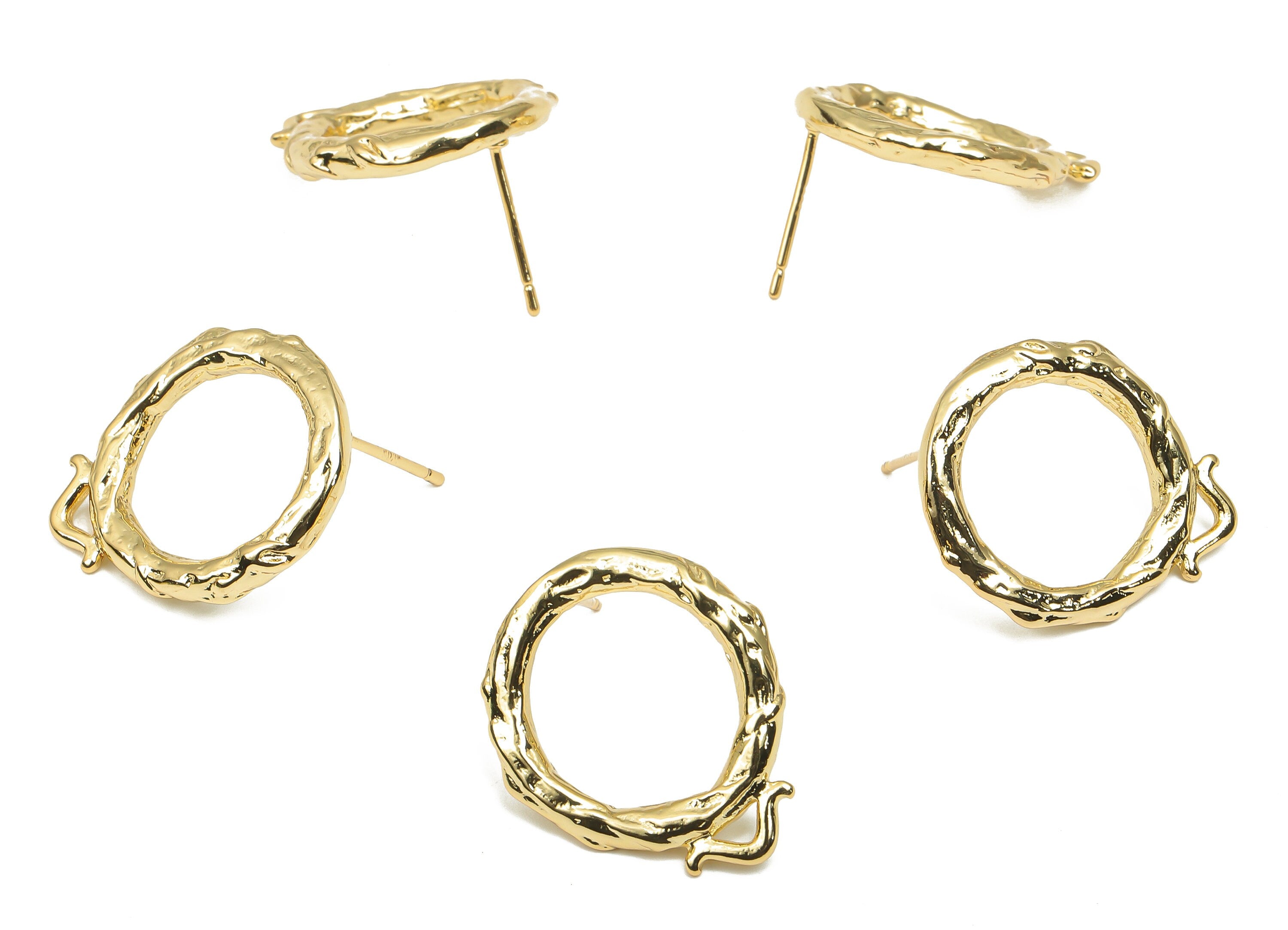Brass Textured Round Earring Stud With Loop - 18K Real Gold Plated Brass - Imitation Silver Stud - Earring Post - 22.4x18.5x2.8mm - RGP4549 - DOMEDBAZAAR