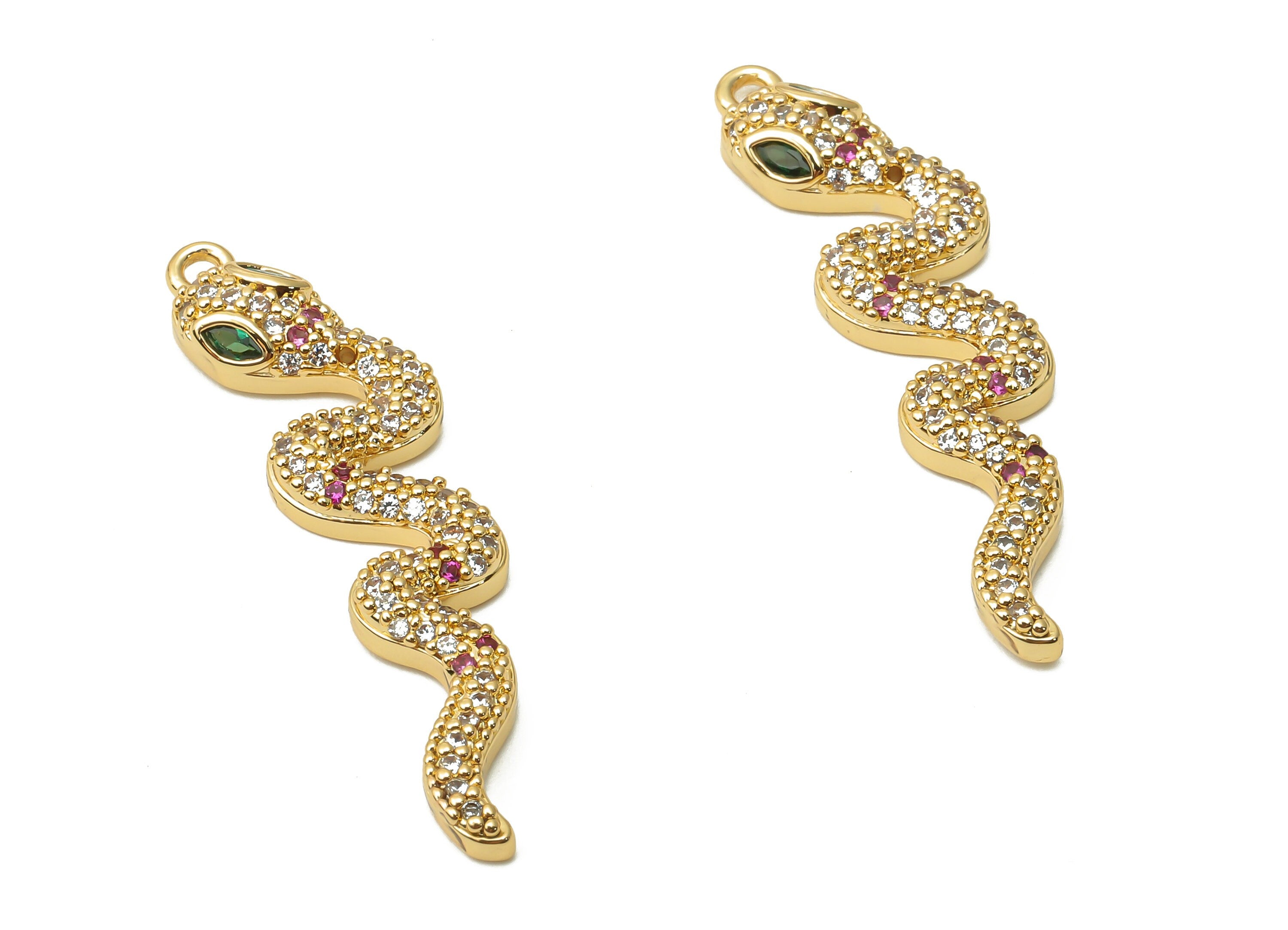 Brass Snake Earring with Zircons - Brass Green Eye Snake Charm - Brass Snake Pendant - 18K Real Gold Plated -33.34x8.27x3.16mm - RGP4922 - DOMEDBAZAAR