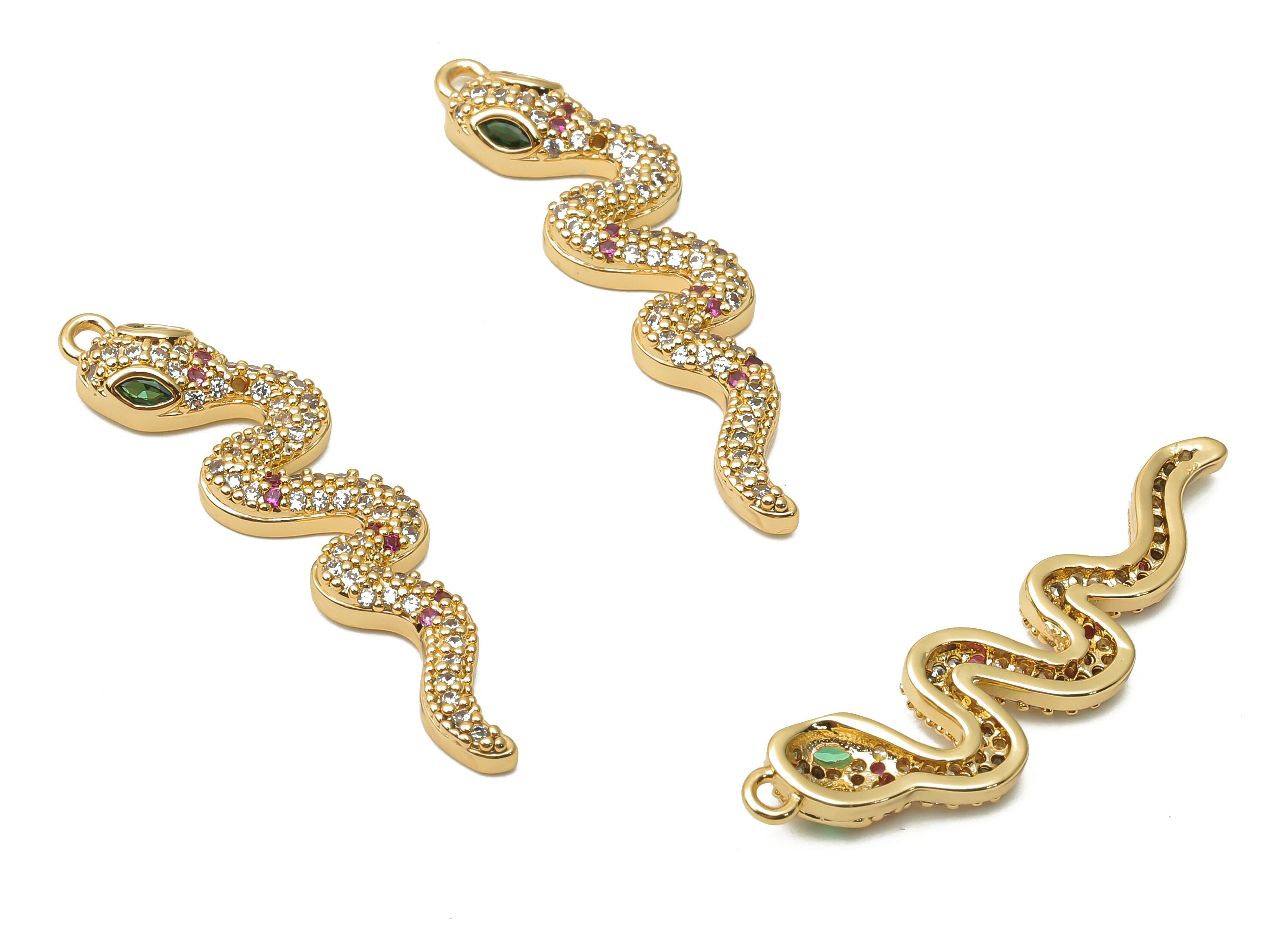 Brass Snake Earring with Zircons - Brass Green Eye Snake Charm - Brass Snake Pendant - 18K Real Gold Plated -33.34x8.27x3.16mm - RGP4922 - DOMEDBAZAAR