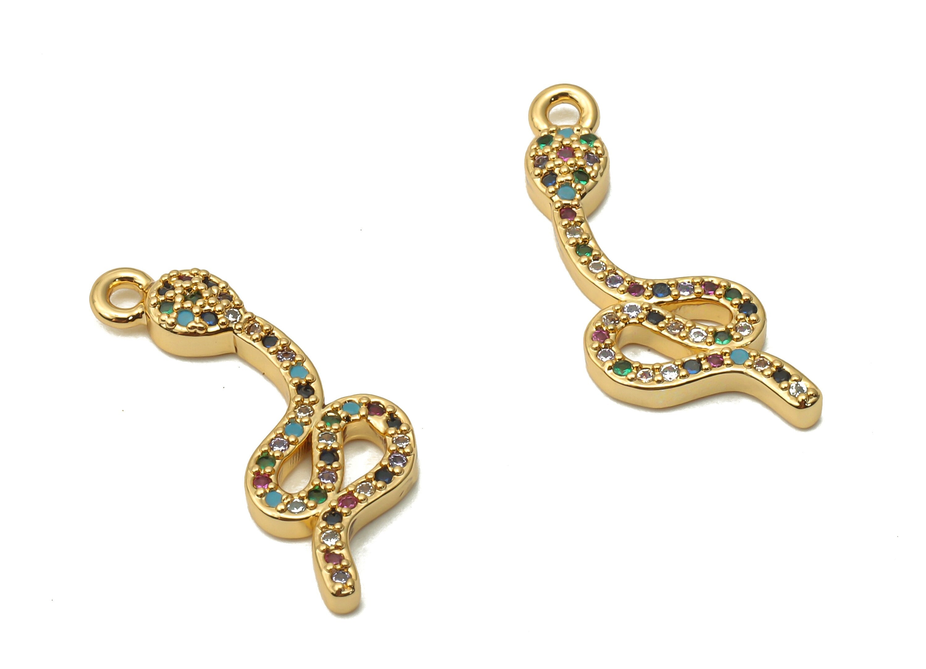 Brass Snake Earring Charm - Brass Rainbow Snake Pendant with Zircons - Snake Necklace - 18K Real Gold Plated - 22.19x8.82x2.36mm - RGP4923 - DOMEDBAZAAR