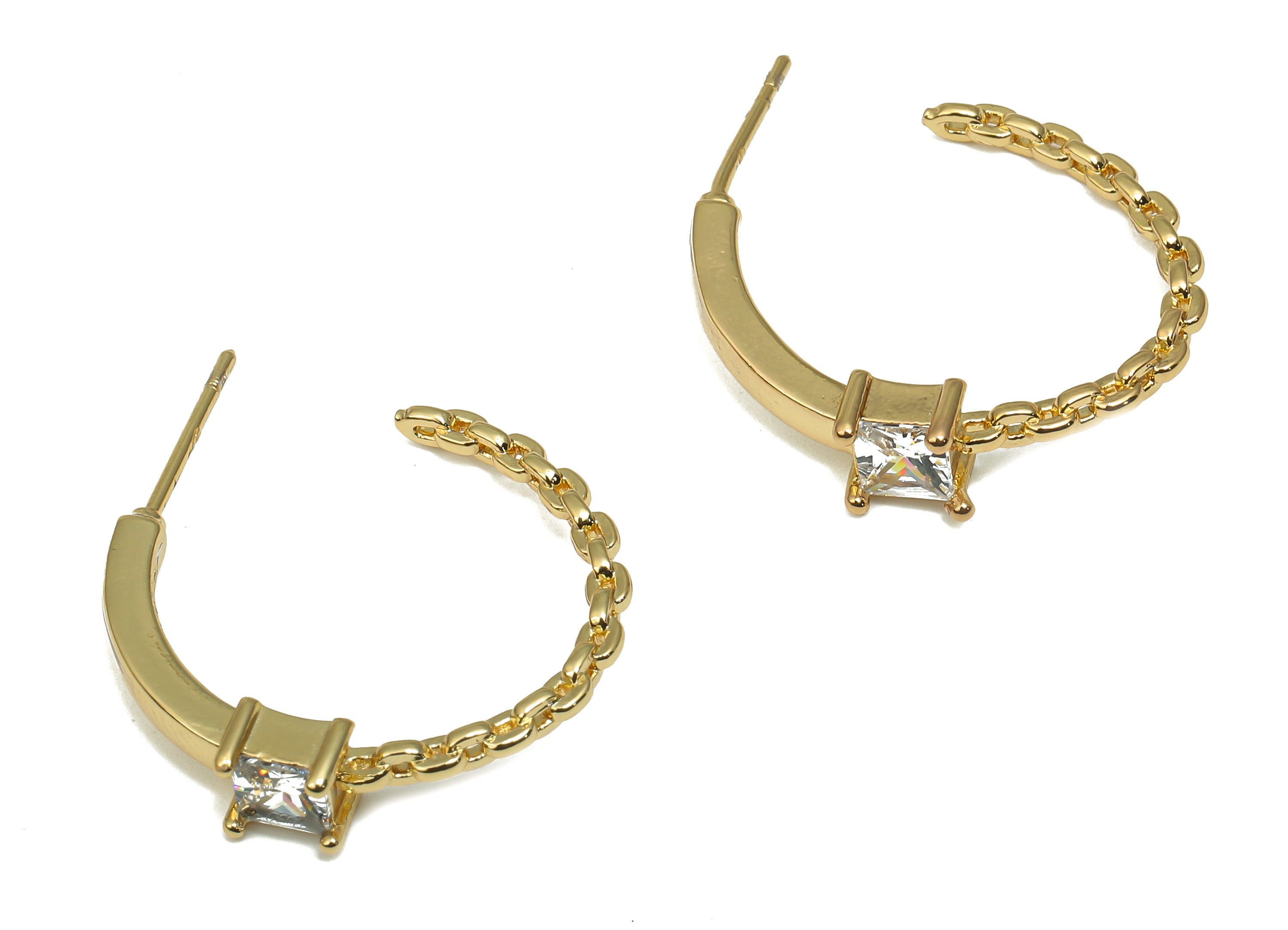 Gold Solitaire Hoop Earring - Brass Open Hoop Earring With Zircon - 18K Real Gold Plated Brass Stud - Cable Chain - 21.6x19.6x4.9mm- RGP4551 - DOMEDBAZAAR