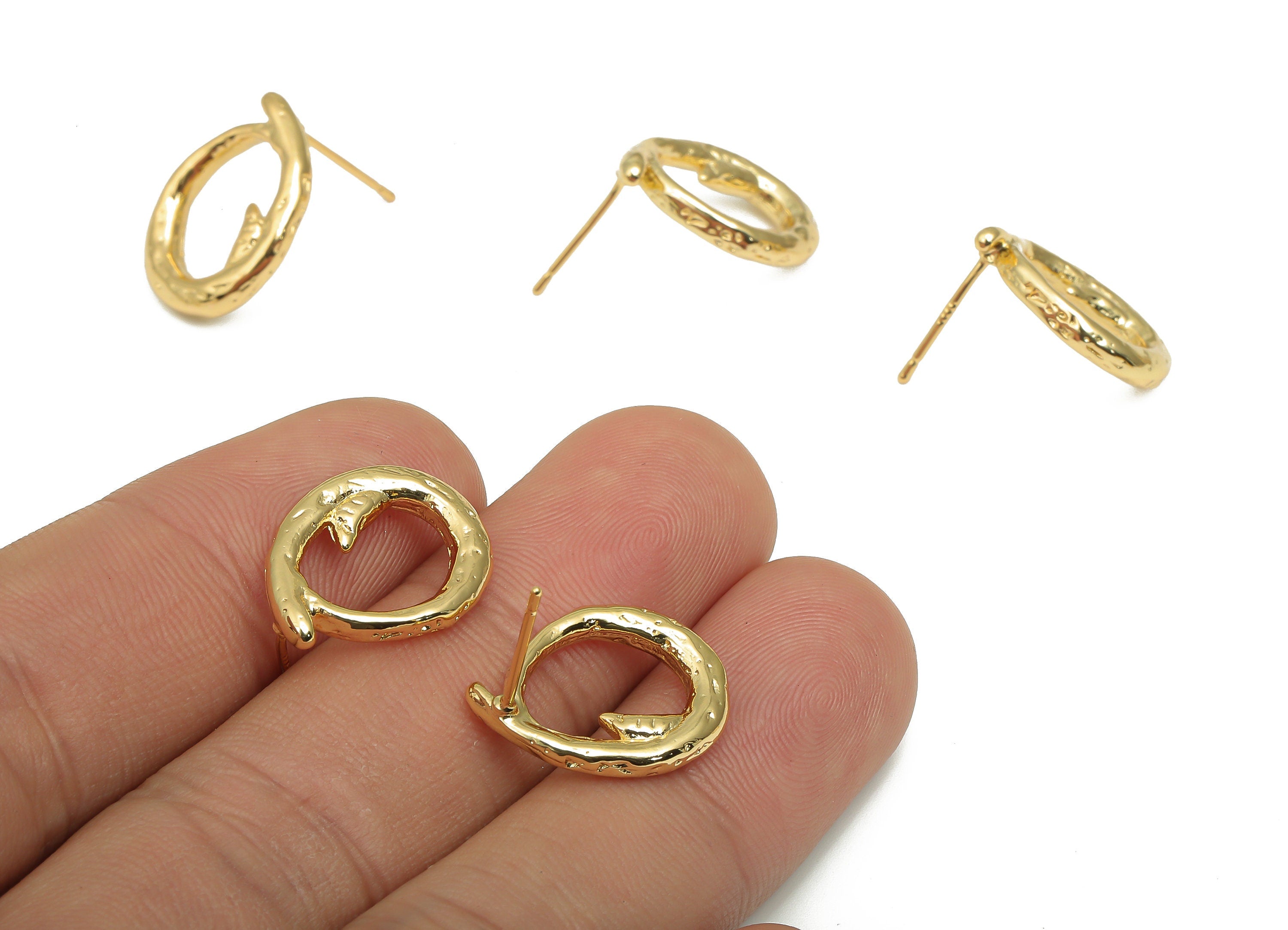 Brass Earring Studs - Textured Drop Earrings - 18K Real Gold Plated Brass - Imitation Silver Stud - Earring Post - 18.3x13.4x2.6mm - RGP4552 - DOMEDBAZAAR