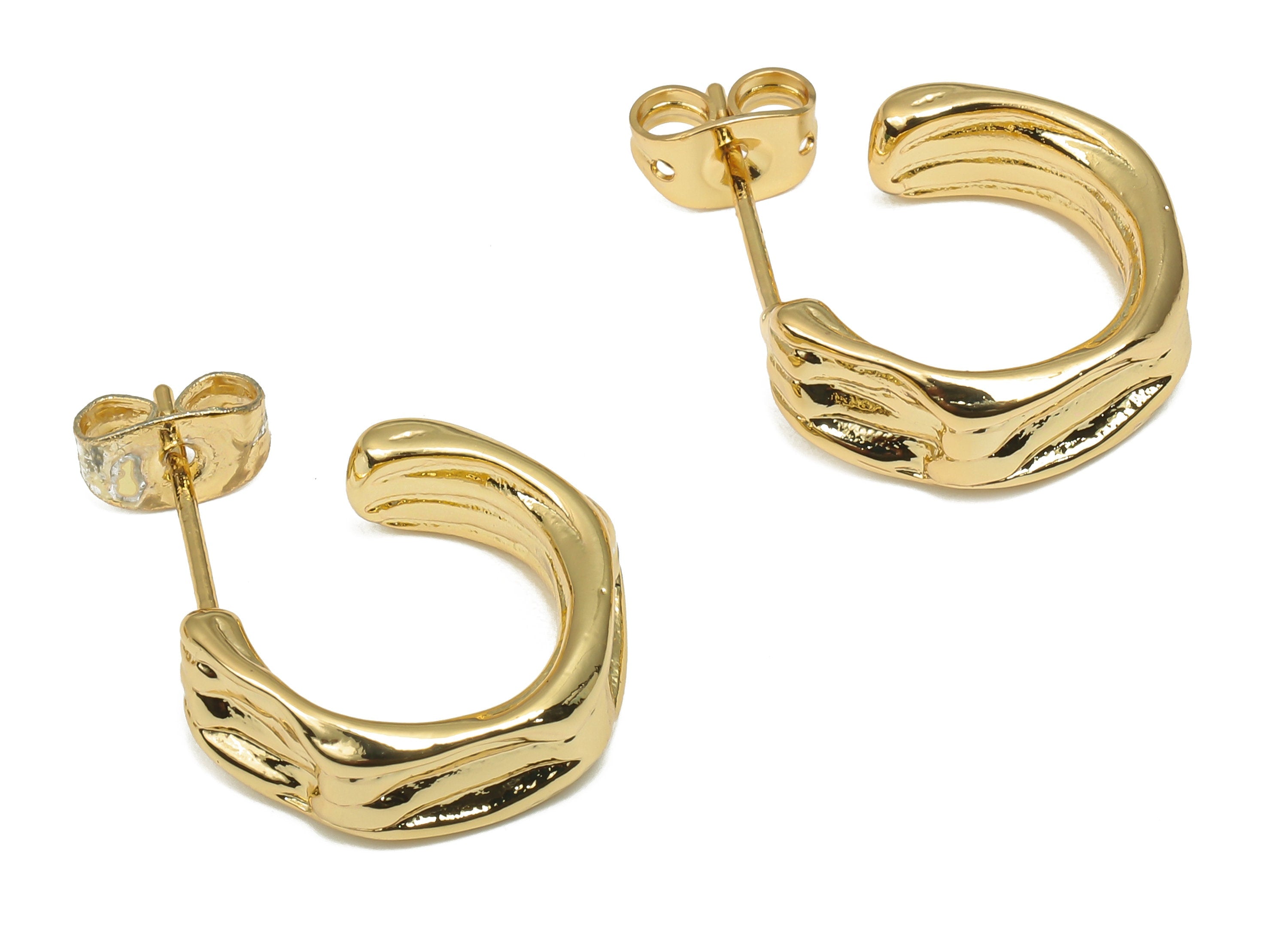 Brass Hoop Earring - Textured Hexagon Stud - 18K Real Gold Plated Brass - Imitation Silver Stud - Earring Post - 14.8x13.8x1.9mm - RGP4553 - DOMEDBAZAAR