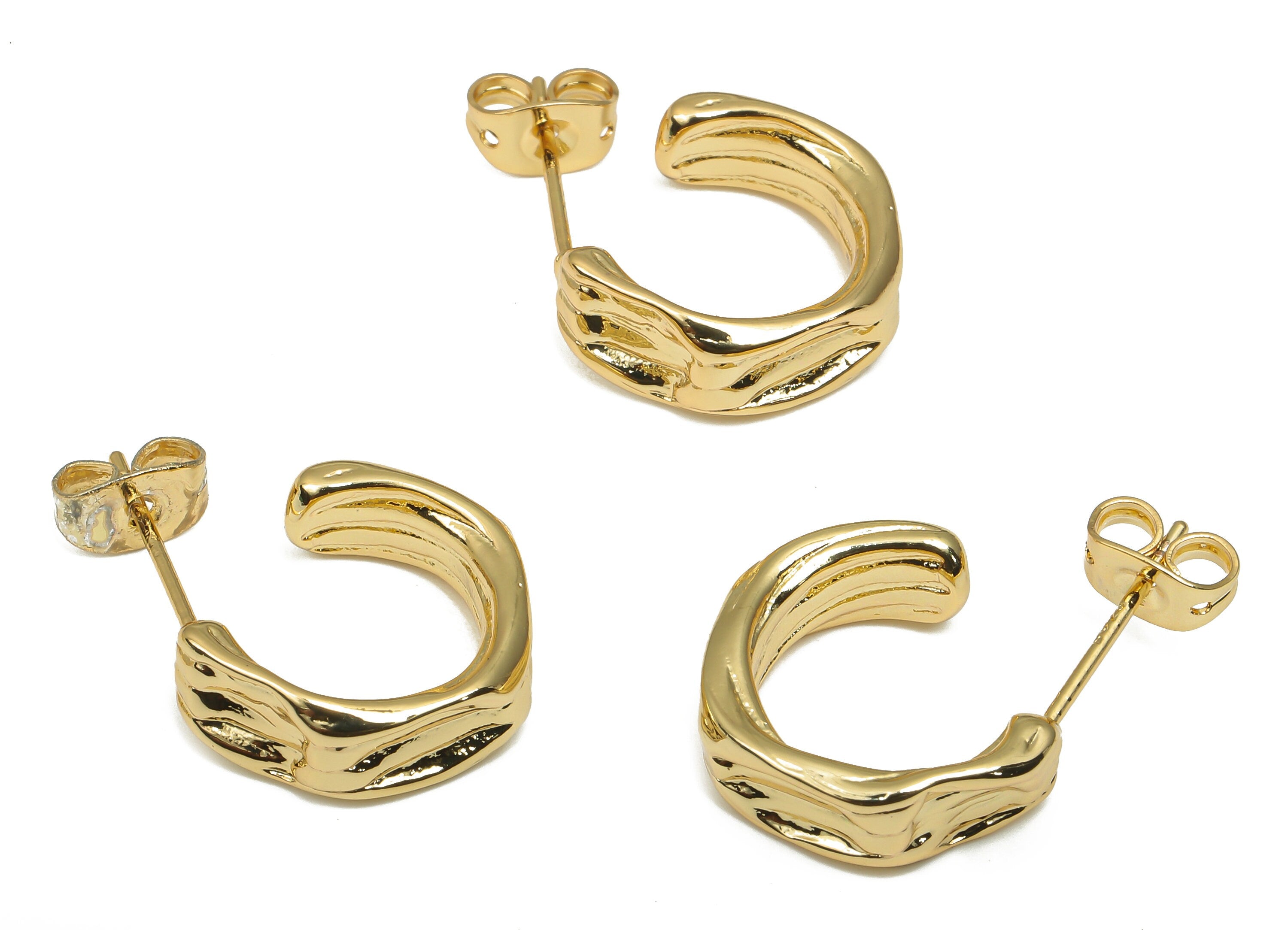 Brass Hoop Earring - Textured Hexagon Stud - 18K Real Gold Plated Brass - Imitation Silver Stud - Earring Post - 14.8x13.8x1.9mm - RGP4553 - DOMEDBAZAAR