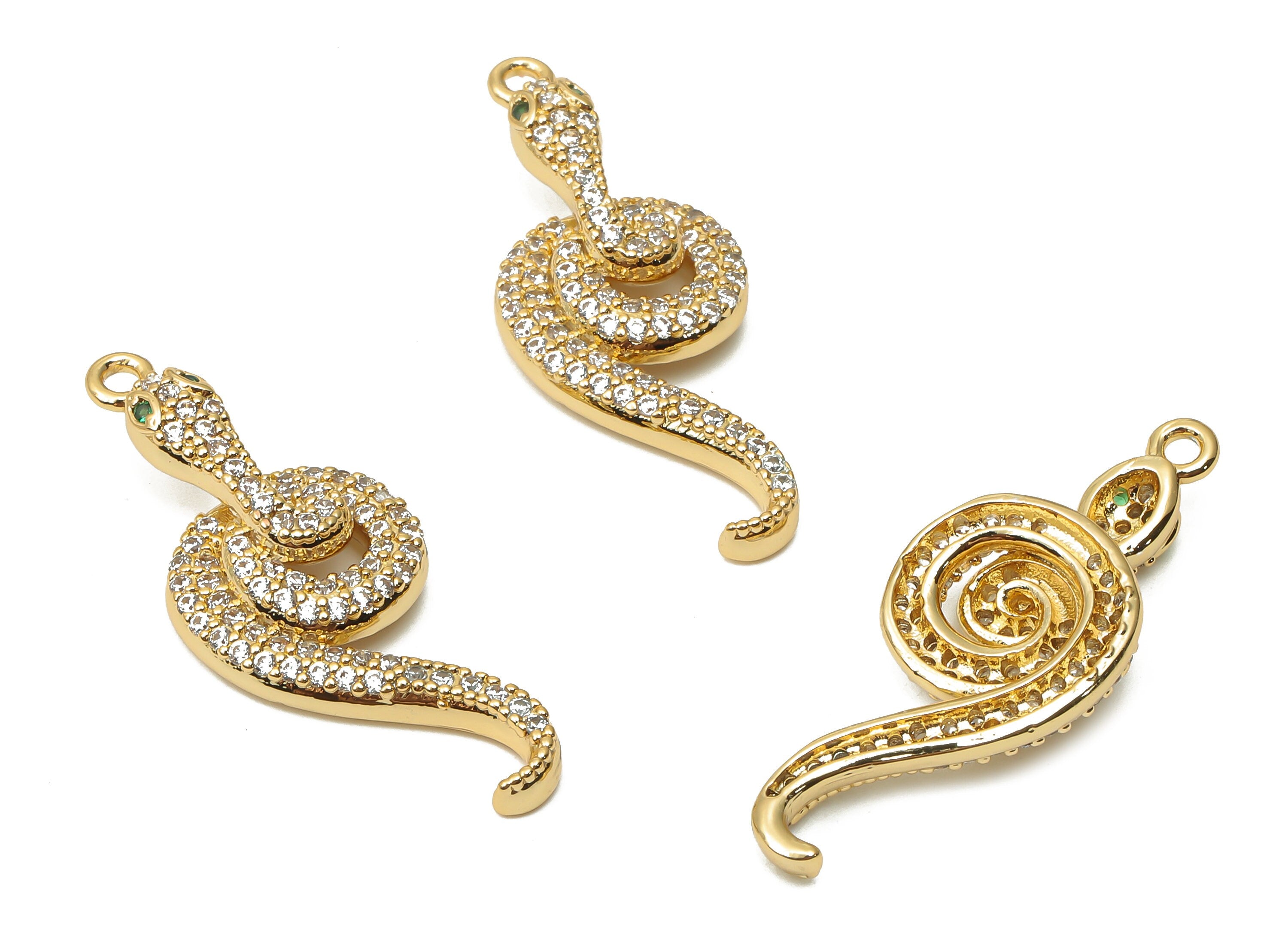 Brass Snake Earrings with Zircons - Brass Green Eye Snake Charm For Necklace - 18K Real Gold Plated Pendant - 33.67x13.03x3.13mm - RGP4928 - DOMEDBAZAAR