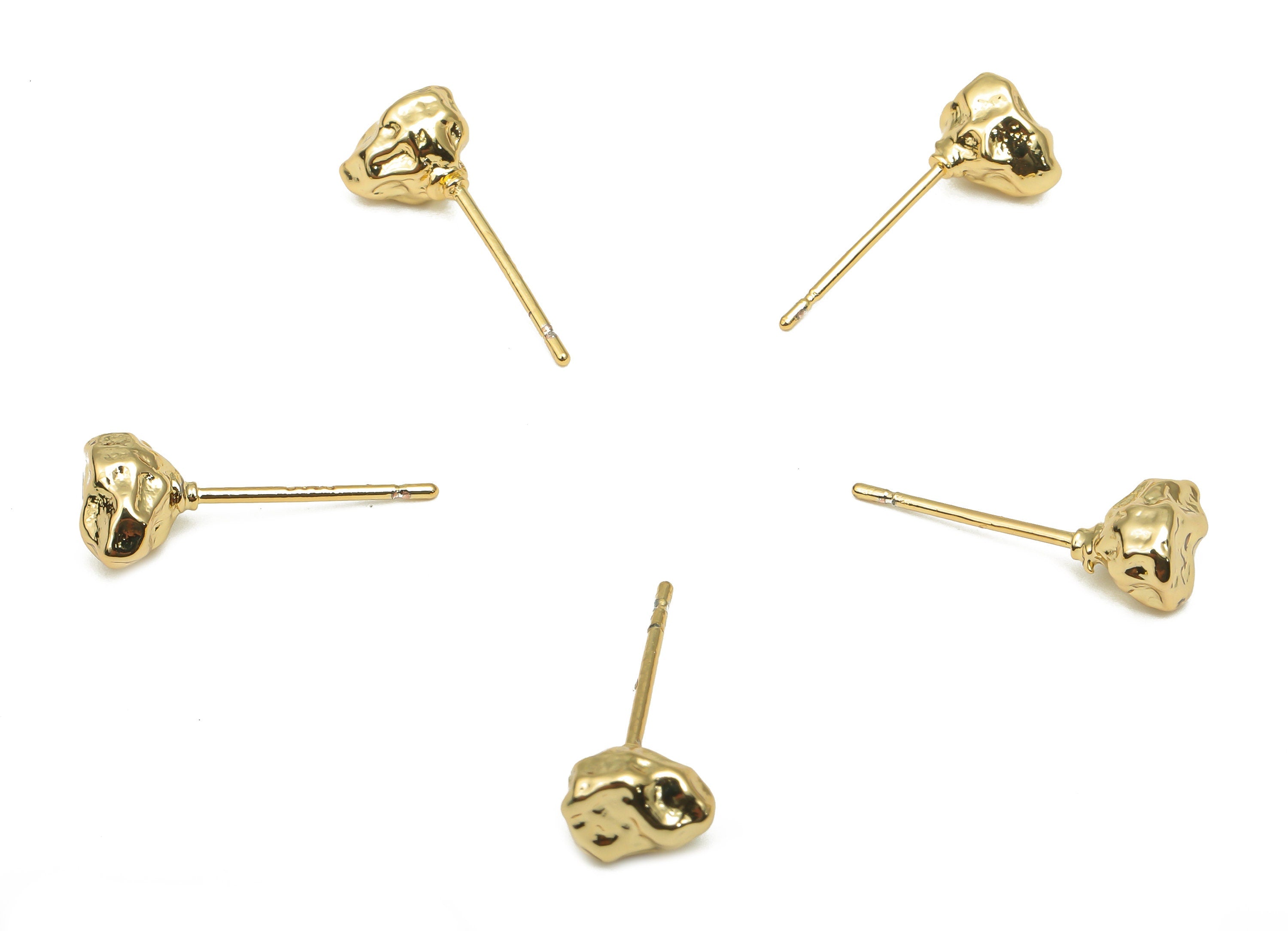 Brass Stud Earrings - Brass Nugget Rough Studs - 18K Real Gold Plated Brass - Imitation Silver Stud Ear Posts - 7x5.08x3.75mm - RGP4555 - DOMEDBAZAAR