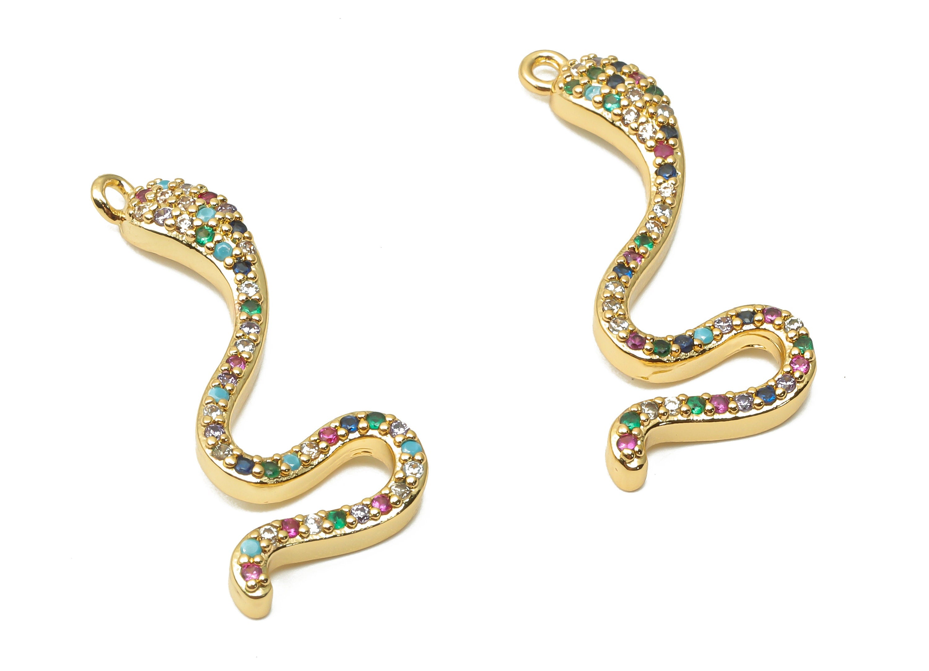 Brass Cobra Earring Charms - Brass Rainbow Cobra Pendant with Zircons - For Necklace- 18K Real Gold Plated - 27.25x11.73x3.17mm - RGP4931 - DOMEDBAZAAR
