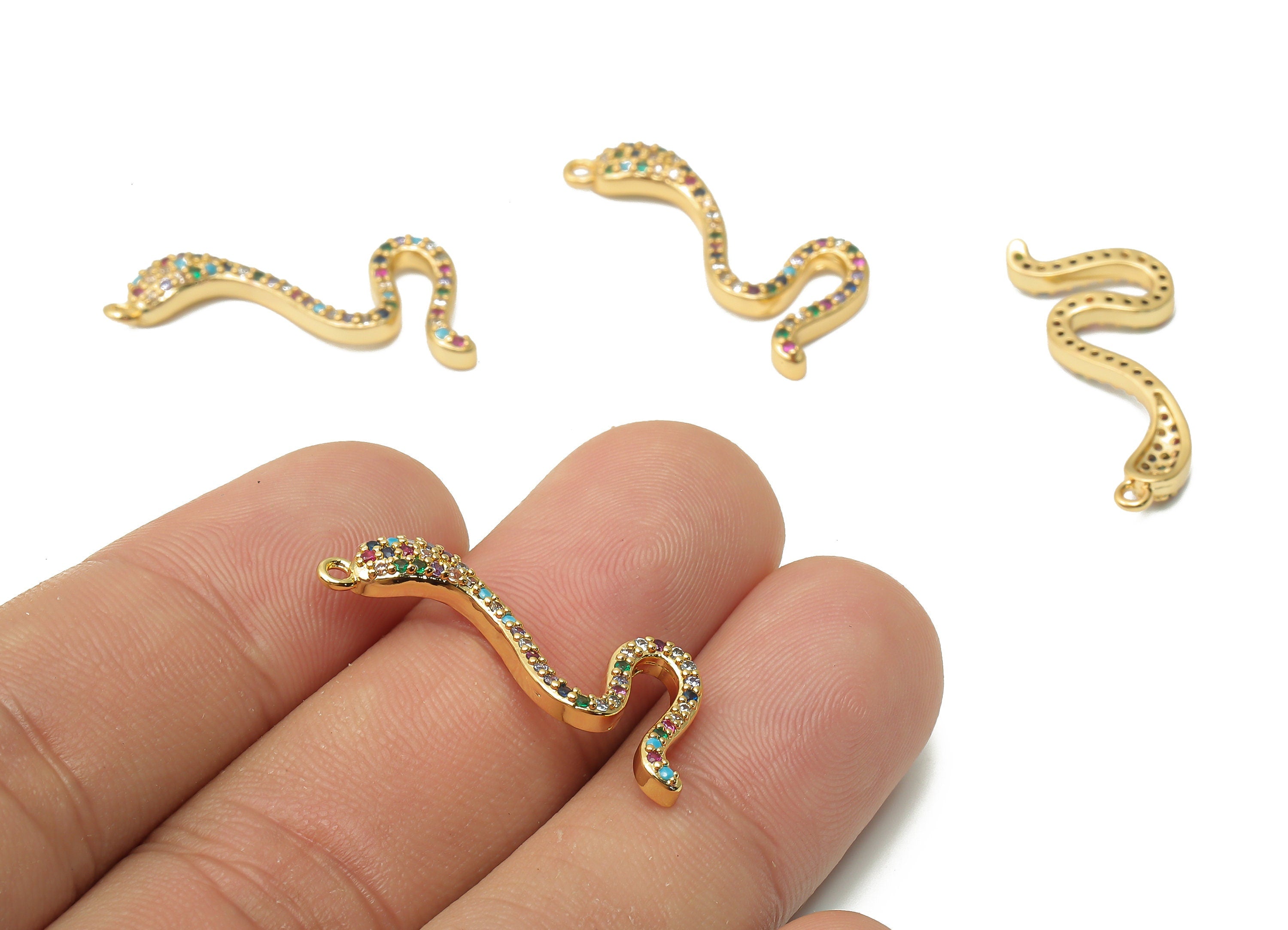 Brass Cobra Earring Charms - Brass Rainbow Cobra Pendant with Zircons - For Necklace- 18K Real Gold Plated - 27.25x11.73x3.17mm - RGP4931 - DOMEDBAZAAR