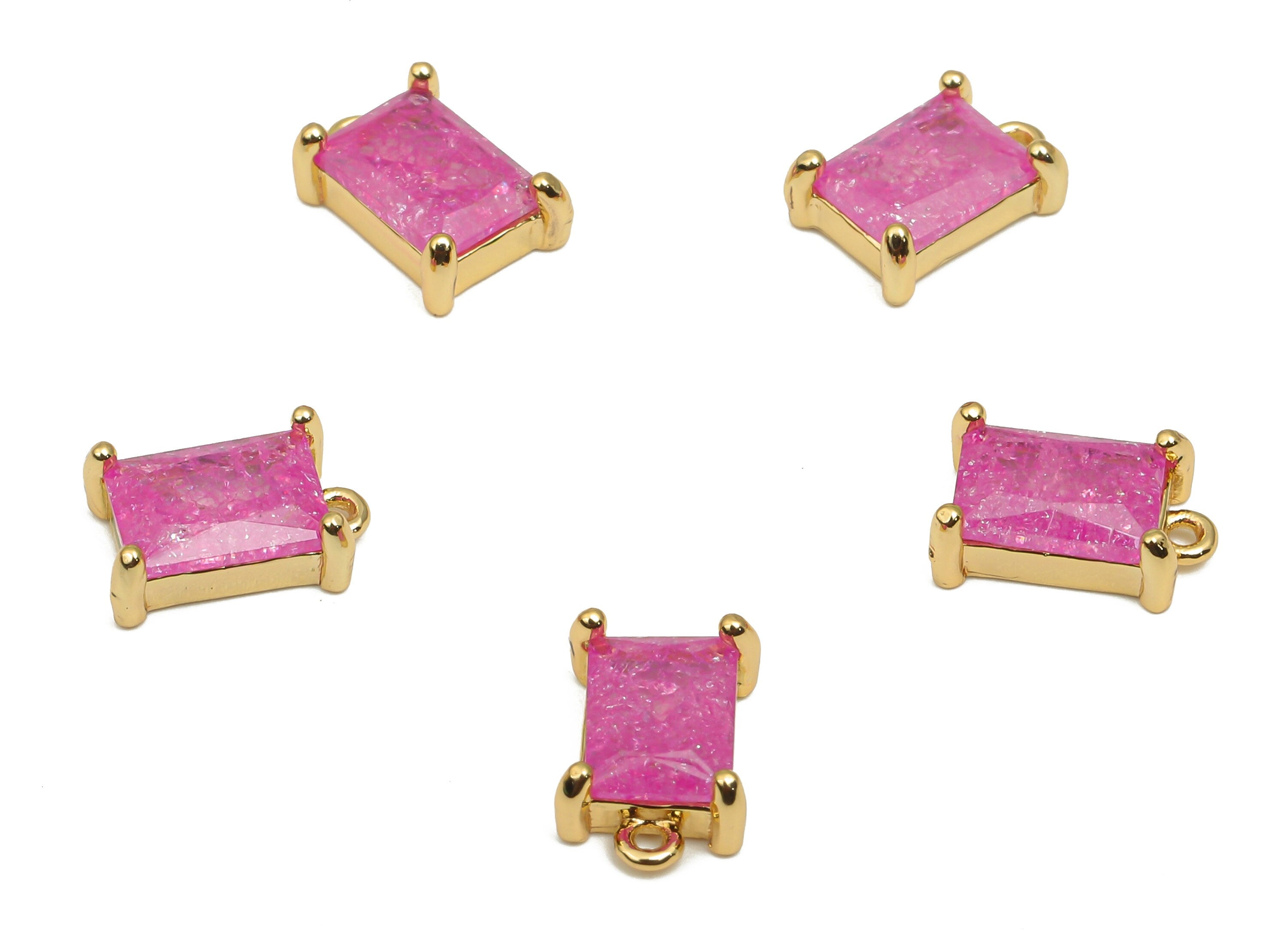 Brass Earring Charms - Brass Pink Gold CZ Rectangle Pendant - 18K Real Gold Plated Brass Pendant - For Bracelet - 9.37x6.4x3.02mm - RGP4556A - DOMEDBAZAAR