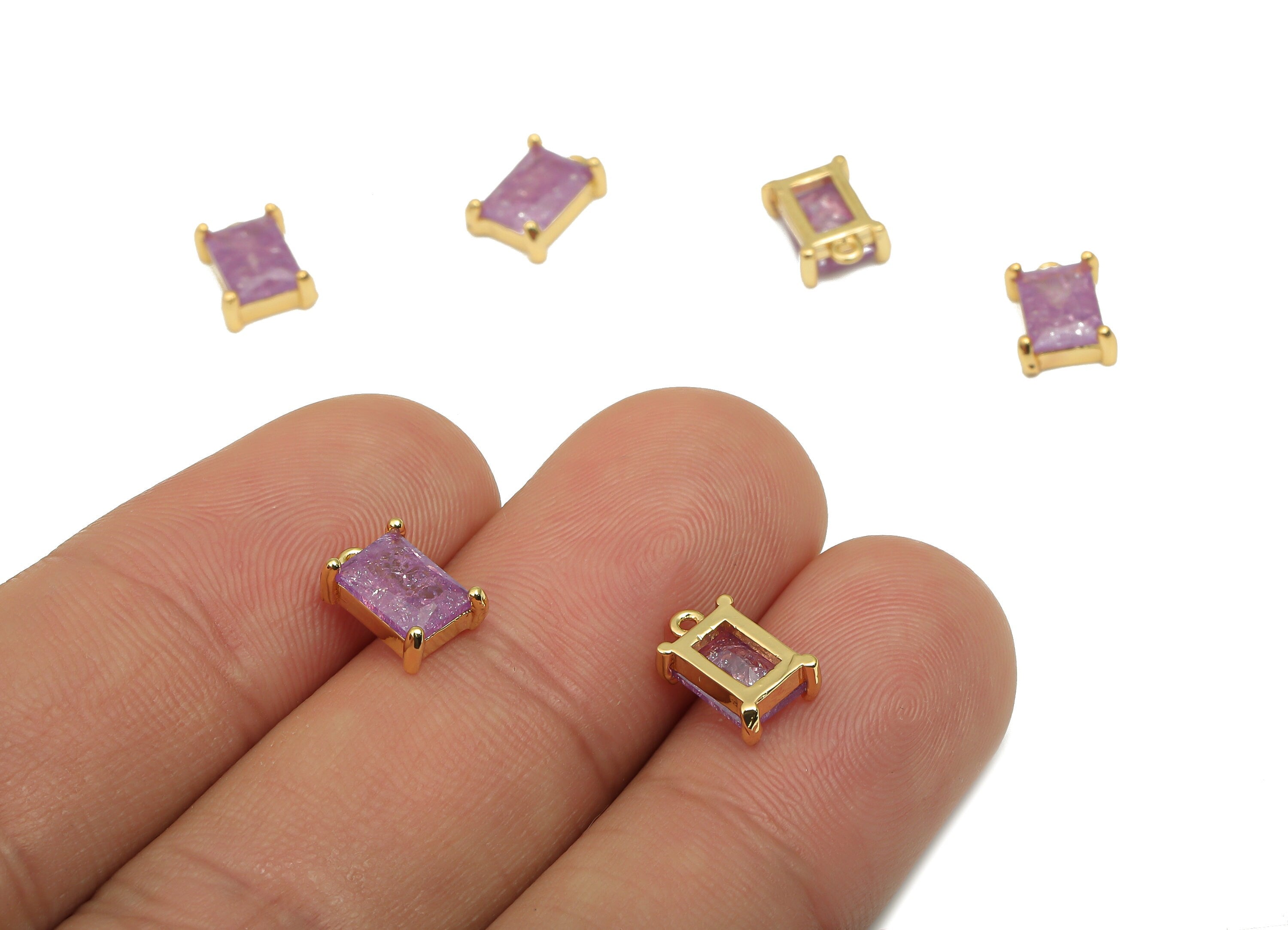 Brass Earring Charms - Brass Purple Gold CZ Rectangle Pendant - 18K Real Gold Plated Brass Pendant - For Bracelet - 9.4x6.4x3mm - RGP4556B - DOMEDBAZAAR
