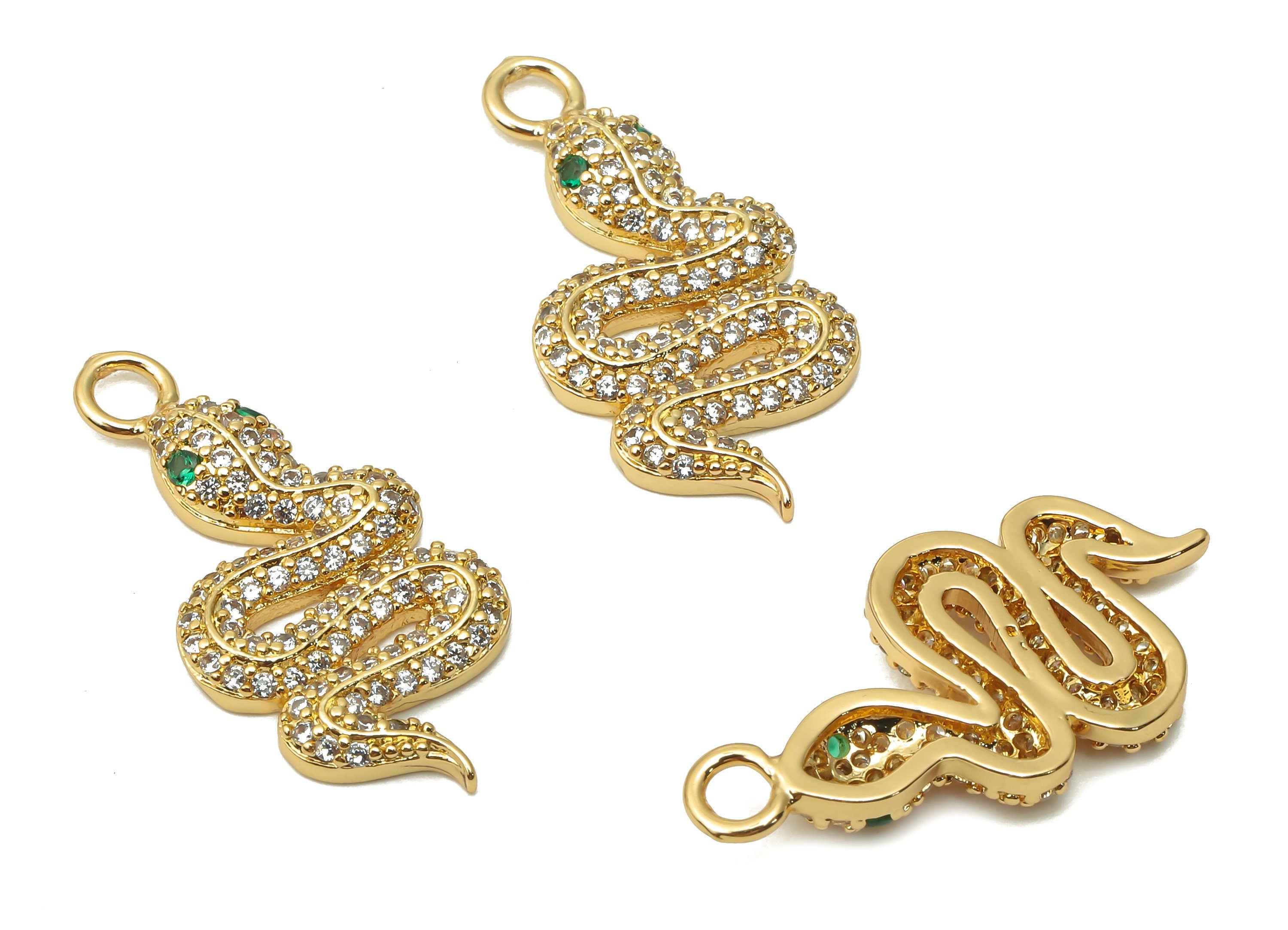 Brass Snake Earrings with Zircon - Brass Snake Pendant - Green Eye Snake For Necklace - 18K Real Gold Plated - 25.4x12.34x3.02mm - RGP4933 - DOMEDBAZAAR