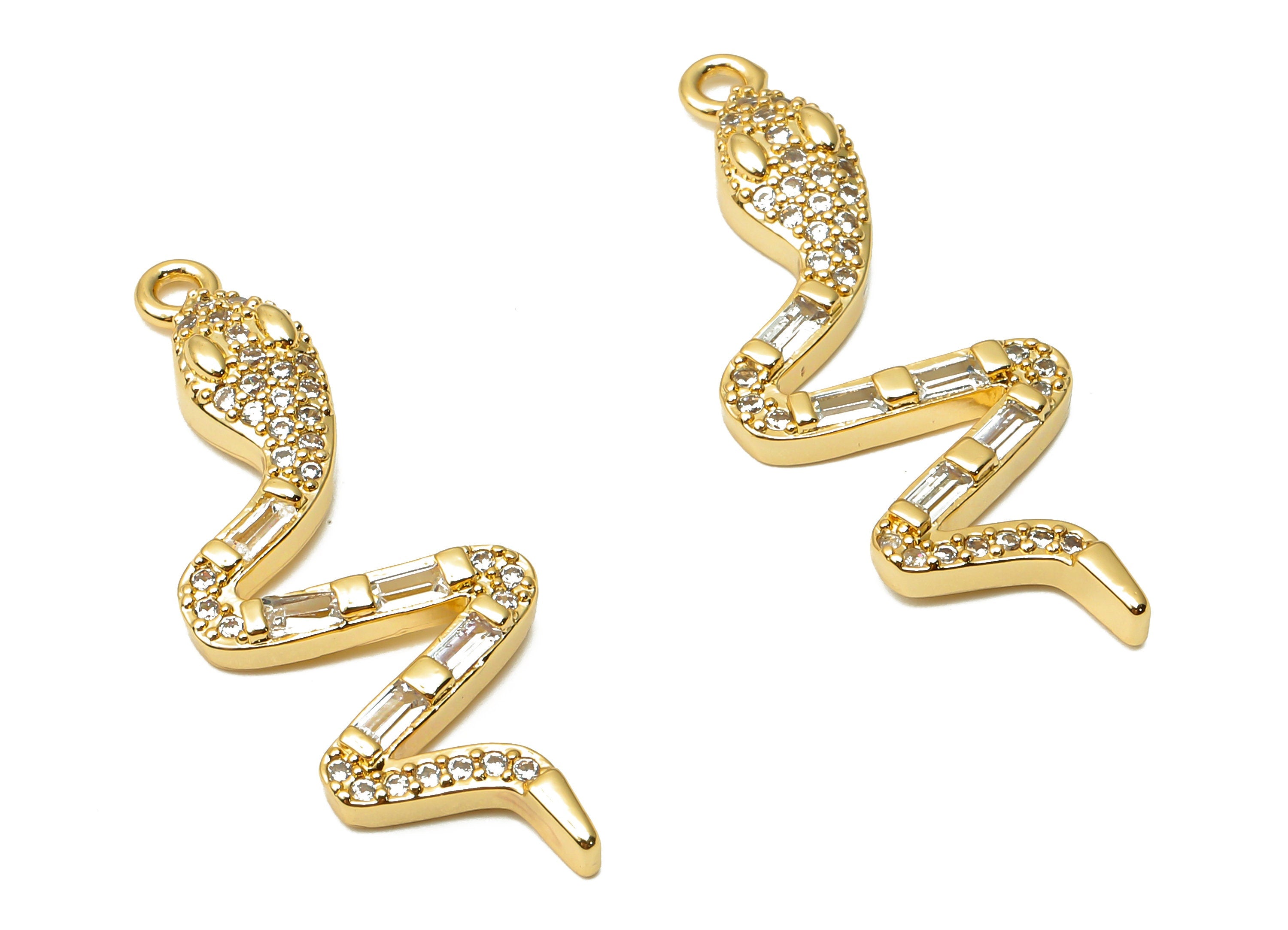 Brass Young Snake Earring with Zircons - Brass Snake Pendant - Brass Snake Necklace - 18K Real Gold Plated - 32.16x12.14x3.27mm - RGP4936 - DOMEDBAZAAR
