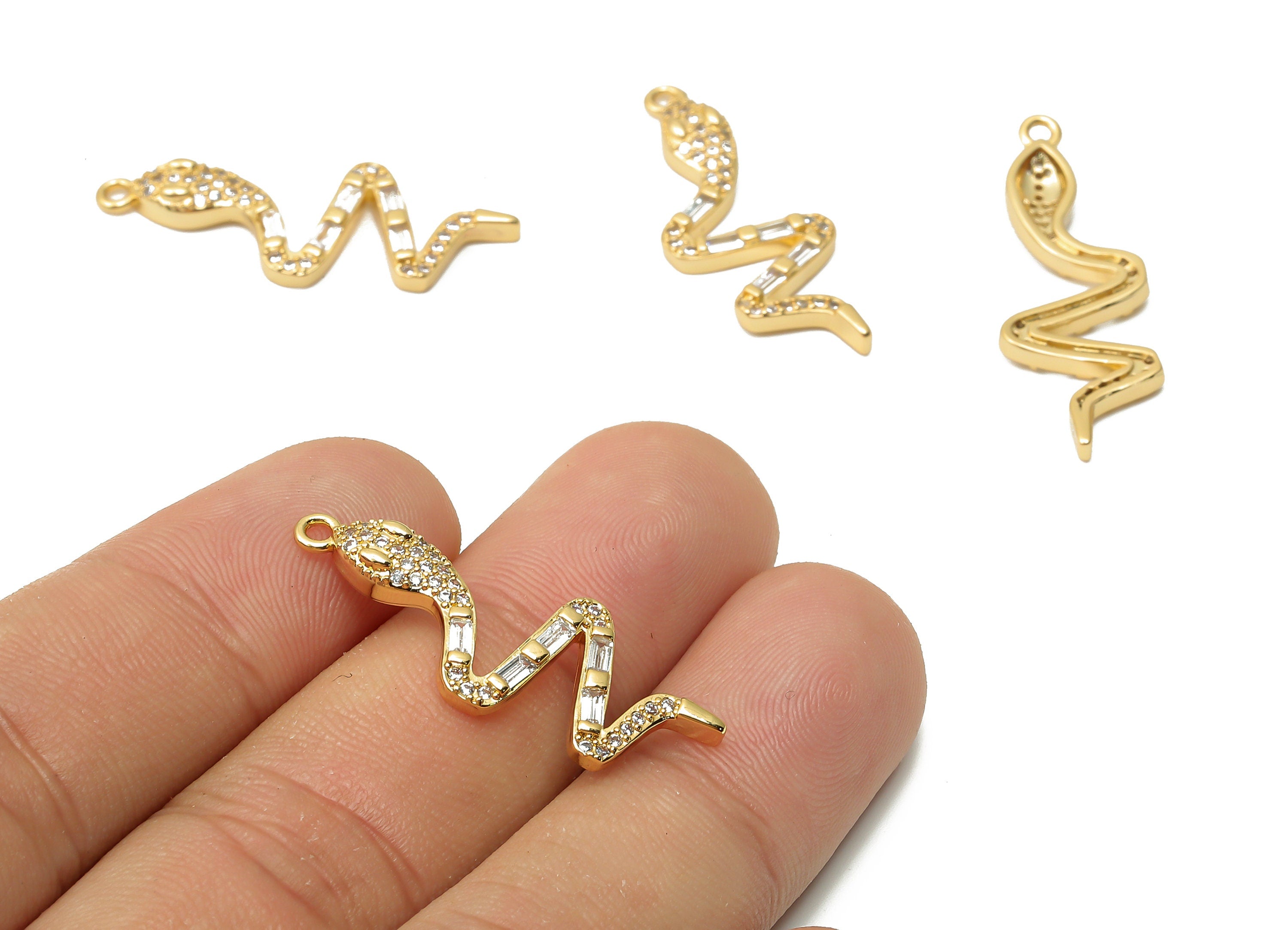 Brass Young Snake Earring with Zircons - Brass Snake Pendant - Brass Snake Necklace - 18K Real Gold Plated - 32.16x12.14x3.27mm - RGP4936 - DOMEDBAZAAR