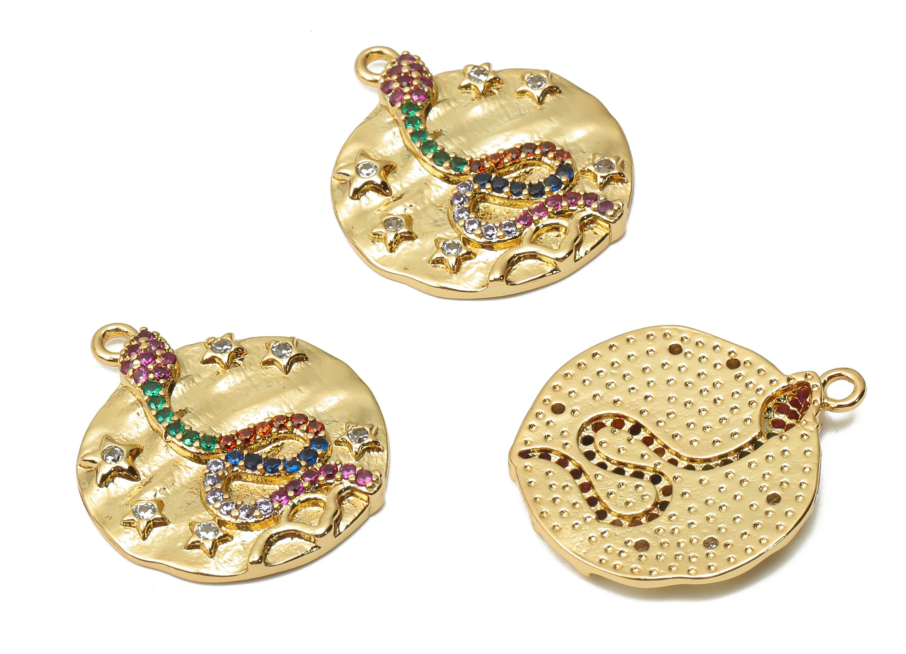 Brass Round Snake Earring Charms - Brass Rainbow Snake Pendant with Zircon - Star Necklace - 18K Real Gold Plated -21.8x18.61x2.46mm-RGP4937 - DOMEDBAZAAR