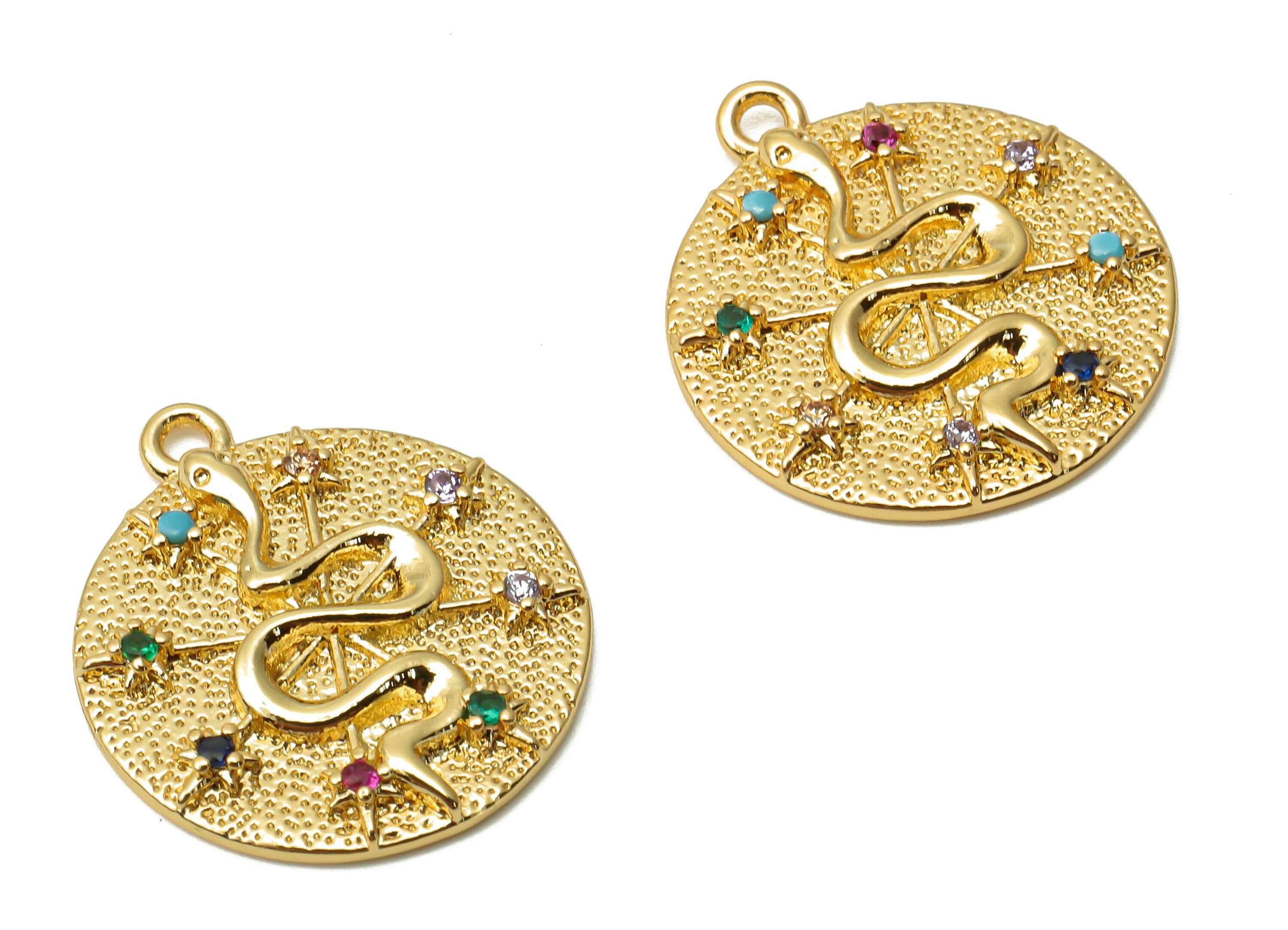 Brass Spots Hammered Snake Earring Charms - Snake Dot Pendant with Zircons - Star Necklace - 18K Real Gold Plated -20.2x17.8x2.44mm -RGP4938 - DOMEDBAZAAR