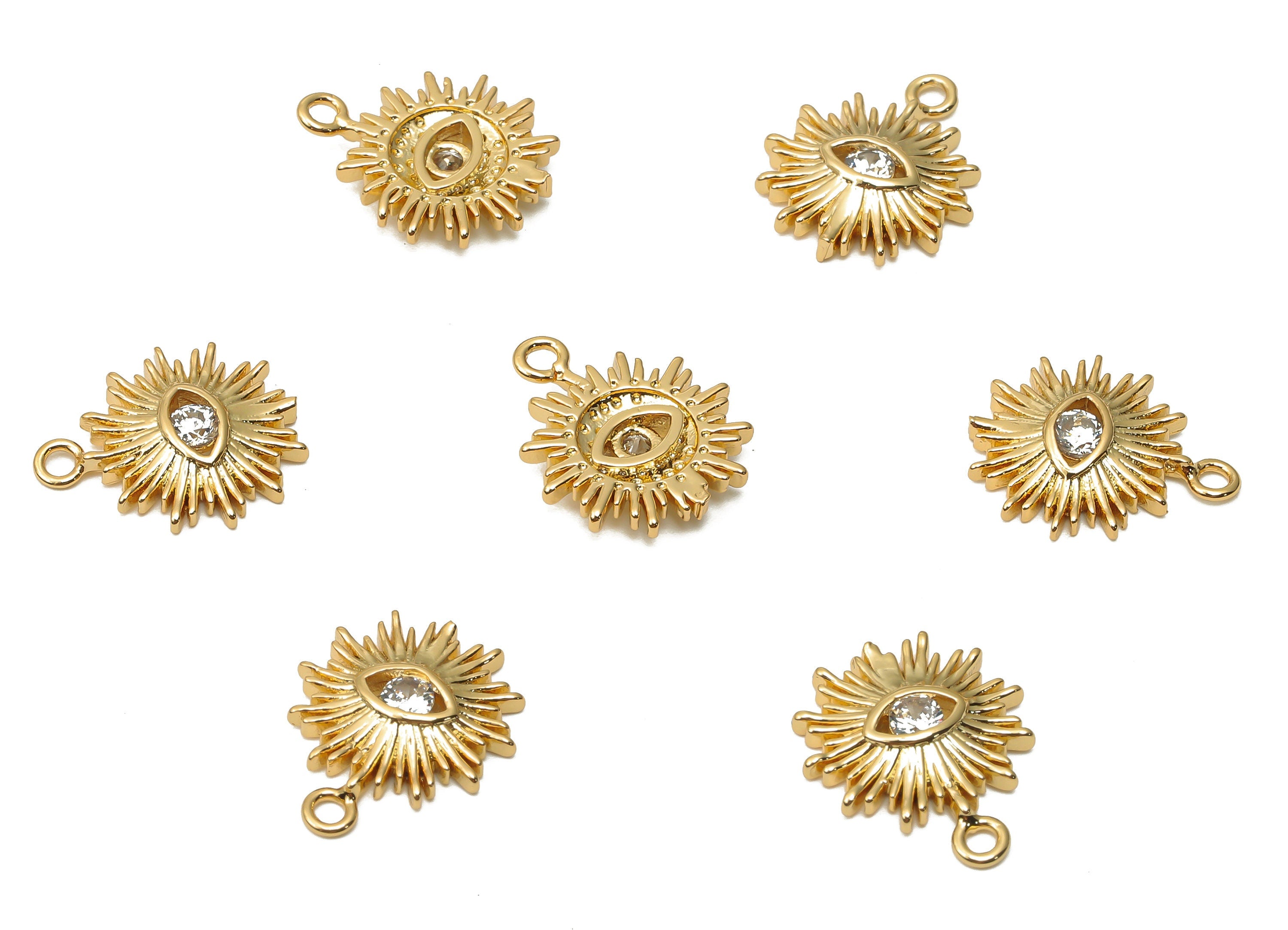 Brass Mini Sun Eye Earring Charms With Zircon - Brass Eye Pendant - Mini Sun For Bracelet - 18K Real Gold Plated -14.33x12.06x2.24mm-RGP4943 - DOMEDBAZAAR