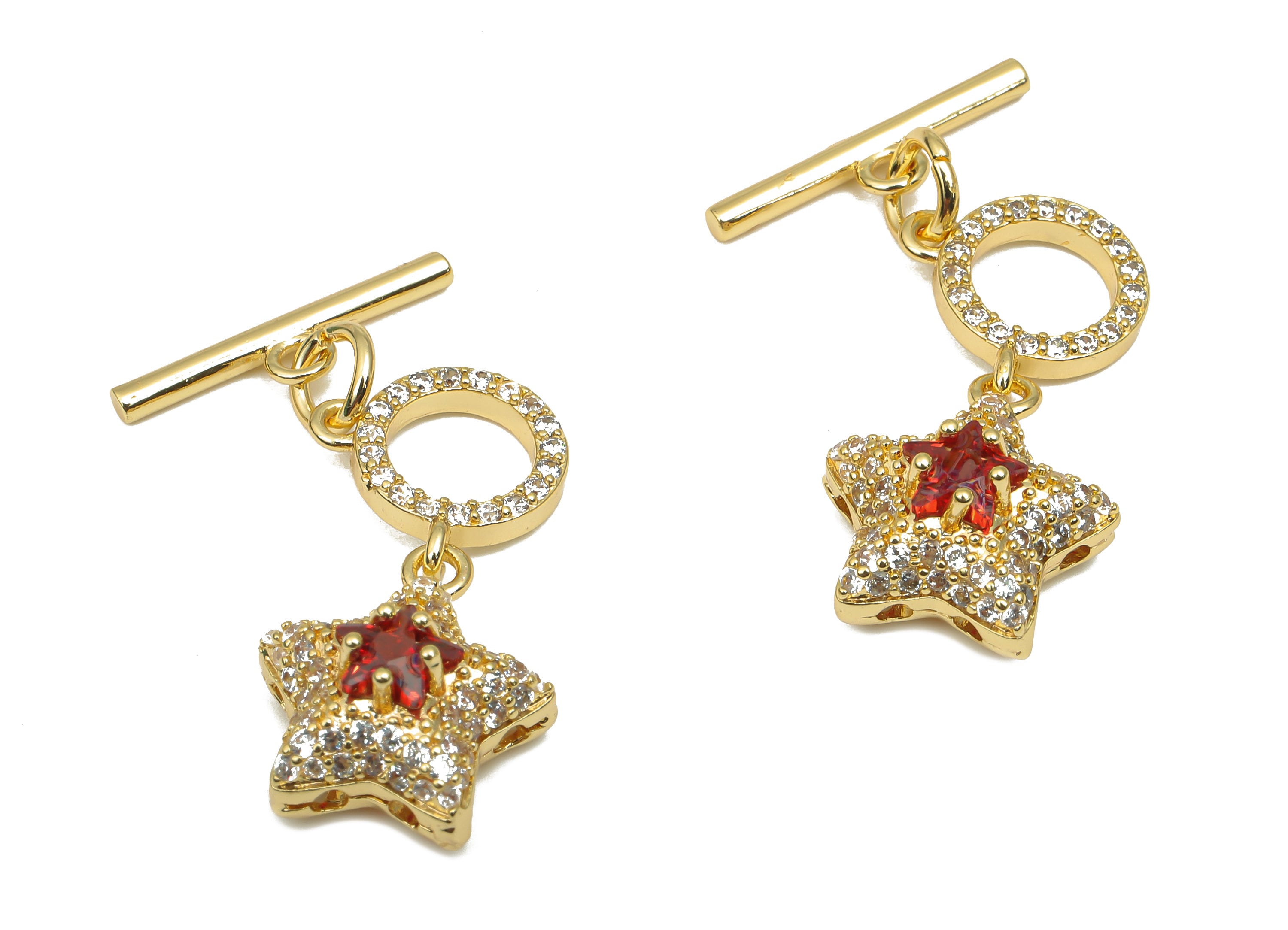 Brass Star Toggle Clasp - CZ Paved Gold Circle Toggle - Zircon - Necklace - Bracelet - 18K Real Gold Plated Brass - 28.2x15.5x7.2mm- RGP4564 - DOMEDBAZAAR
