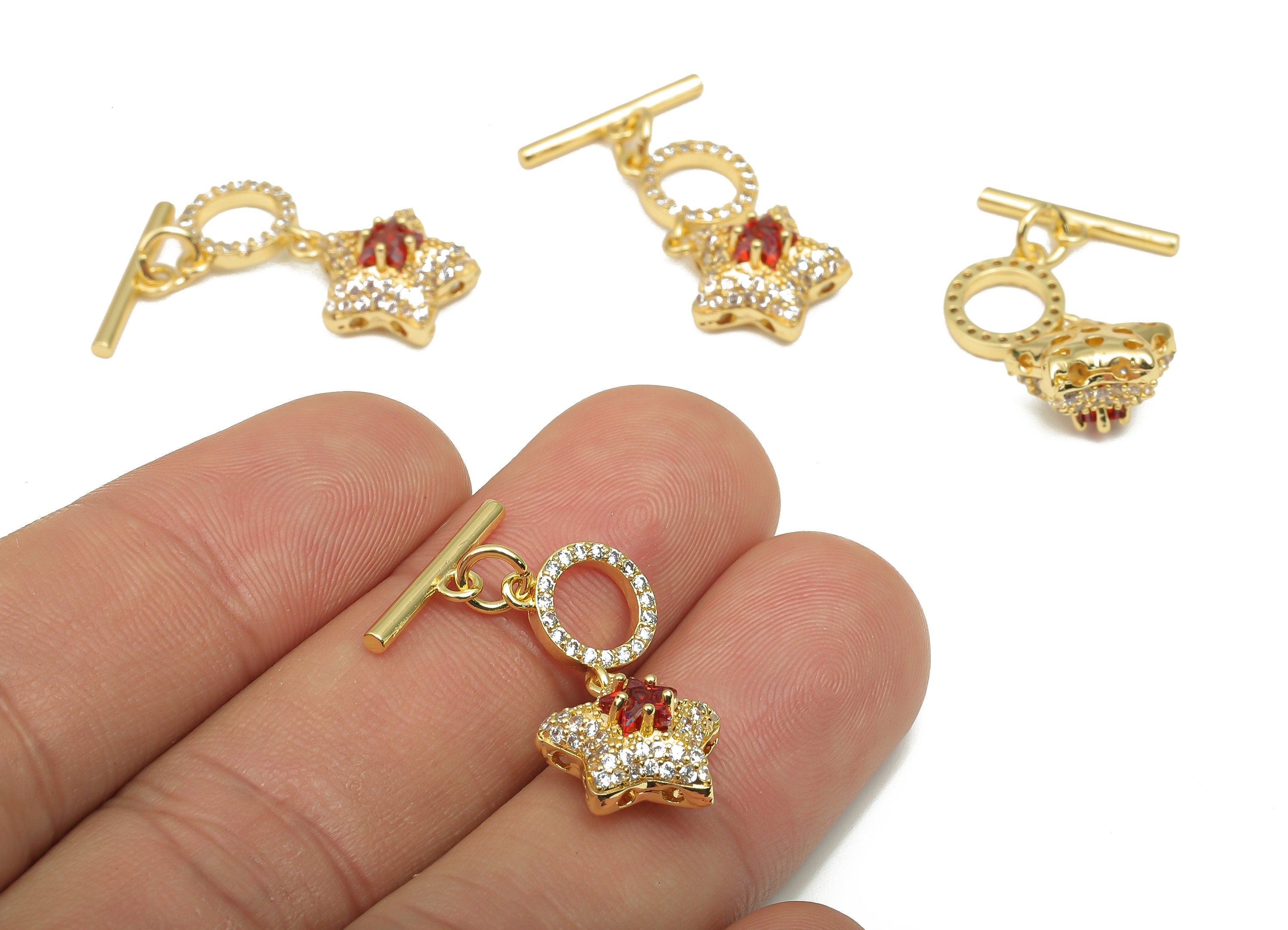 Brass Star Toggle Clasp - CZ Paved Gold Circle Toggle - Zircon - Necklace - Bracelet - 18K Real Gold Plated Brass - 28.2x15.5x7.2mm- RGP4564 - DOMEDBAZAAR