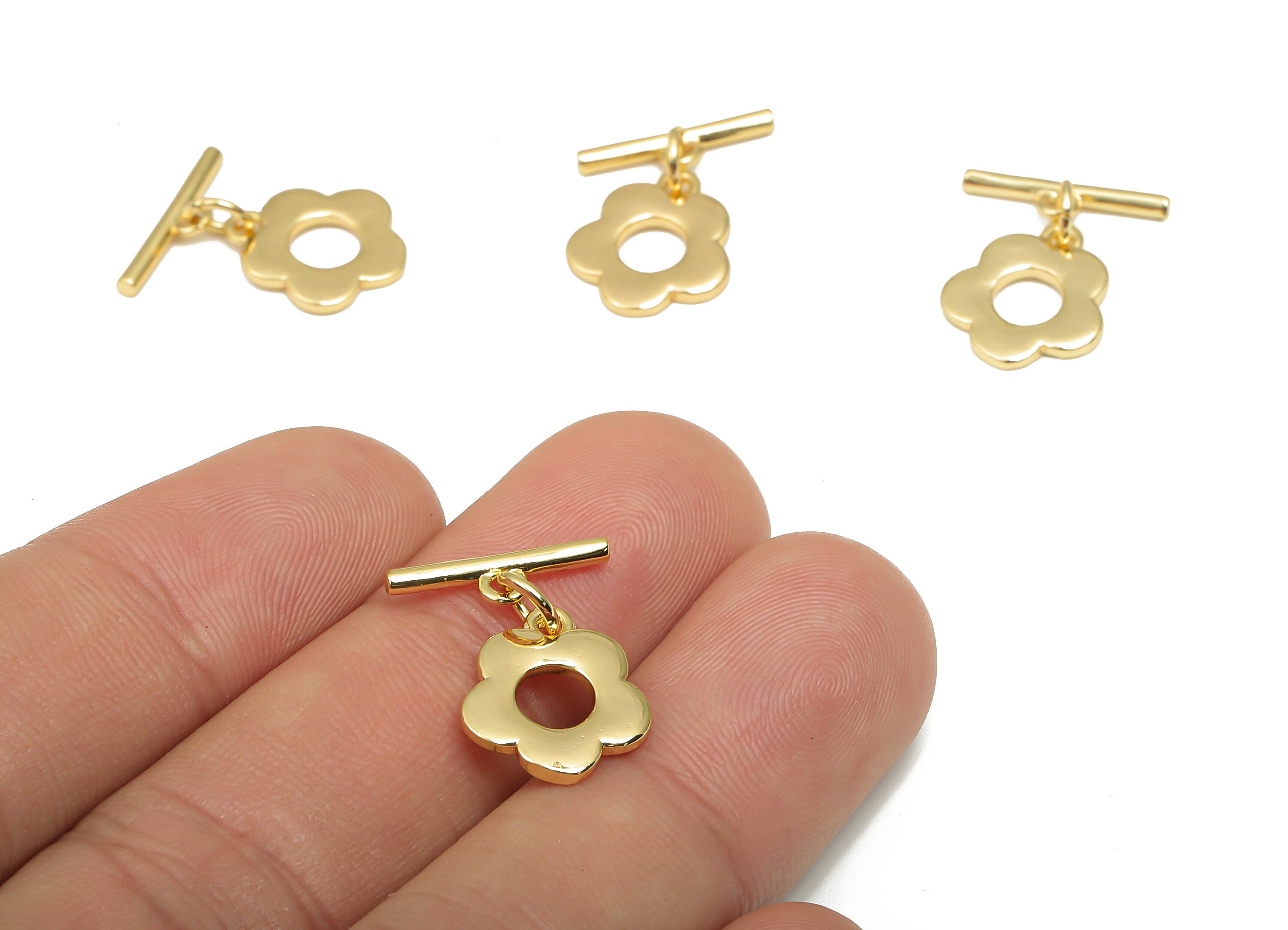Brass Toggle Clasp - 18K Real Gold Plated Brass Base Thick Flower Toggle - Toggle Necklace - Bracelet Toggle - 18.93x14.7x1.2mm - RGP4567 - DOMEDBAZAAR