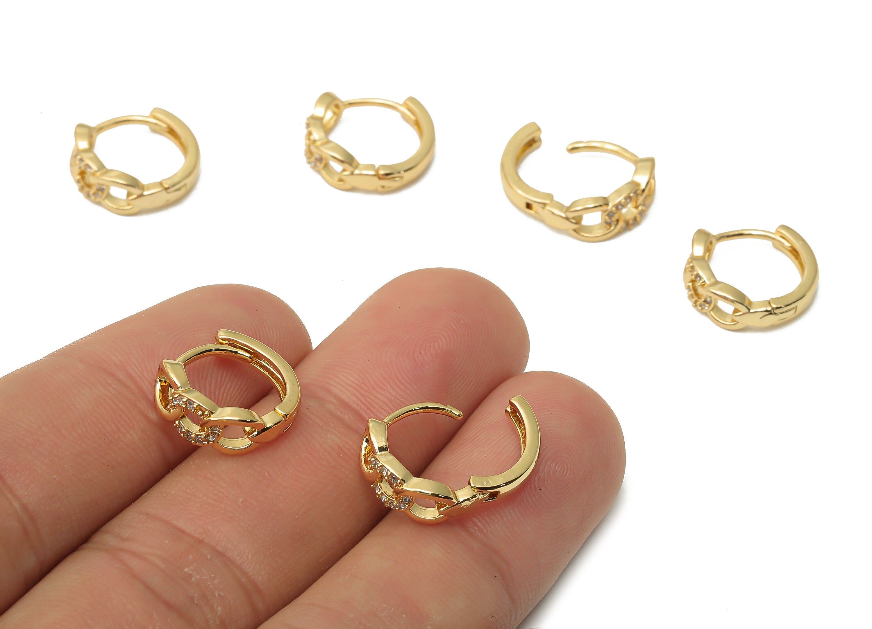 Brass Curb Chain Hoop Earrings - Brass Chain Huggie Clasps With Zircon - Chain Clasp - 18K Real Gold Plated - 14.17x14.17x1.55mm - RGP4948 - DOMEDBAZAAR
