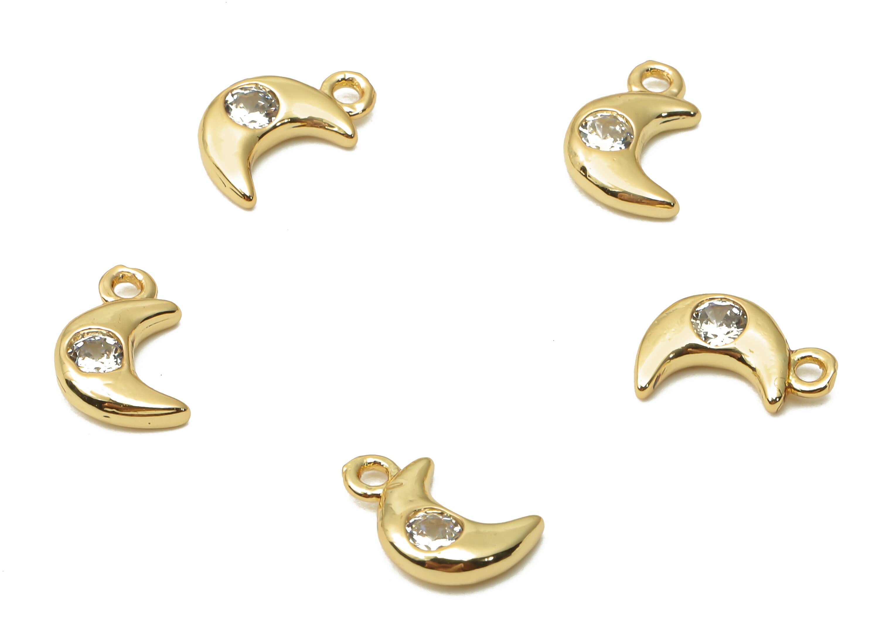 Brass Mini Crescent Moon Earring Charm with Zircon - Brass Pendant - For Bracelet- 18K Real Gold Plated -10.34x6.08x2.11mm - RGP4951 - DOMEDBAZAAR