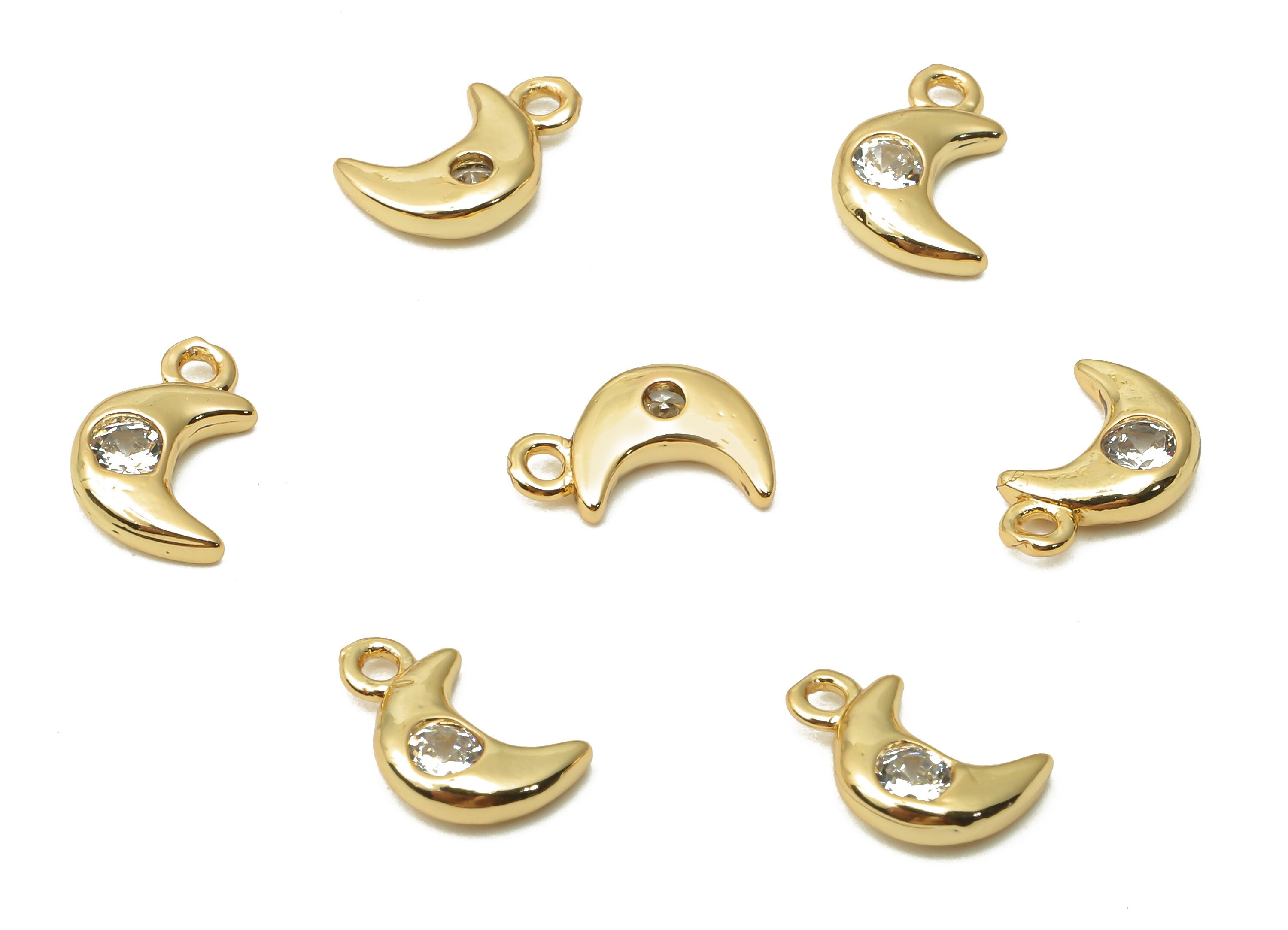 Brass Mini Crescent Moon Earring Charm with Zircon - Brass Pendant - For Bracelet- 18K Real Gold Plated -10.34x6.08x2.11mm - RGP4951 - DOMEDBAZAAR