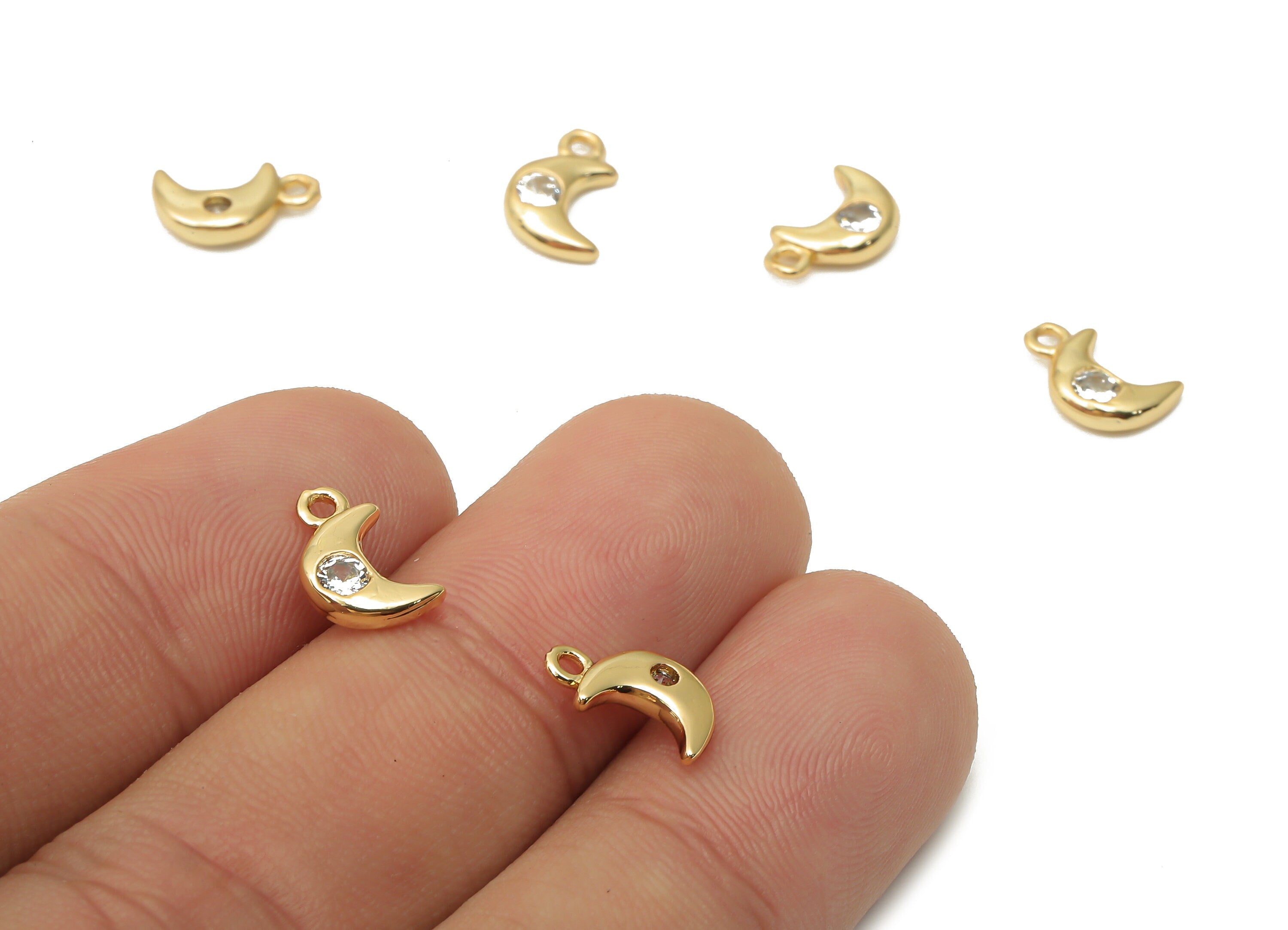 Brass Mini Crescent Moon Earring Charm with Zircon - Brass Pendant - For Bracelet- 18K Real Gold Plated -10.34x6.08x2.11mm - RGP4951 - DOMEDBAZAAR