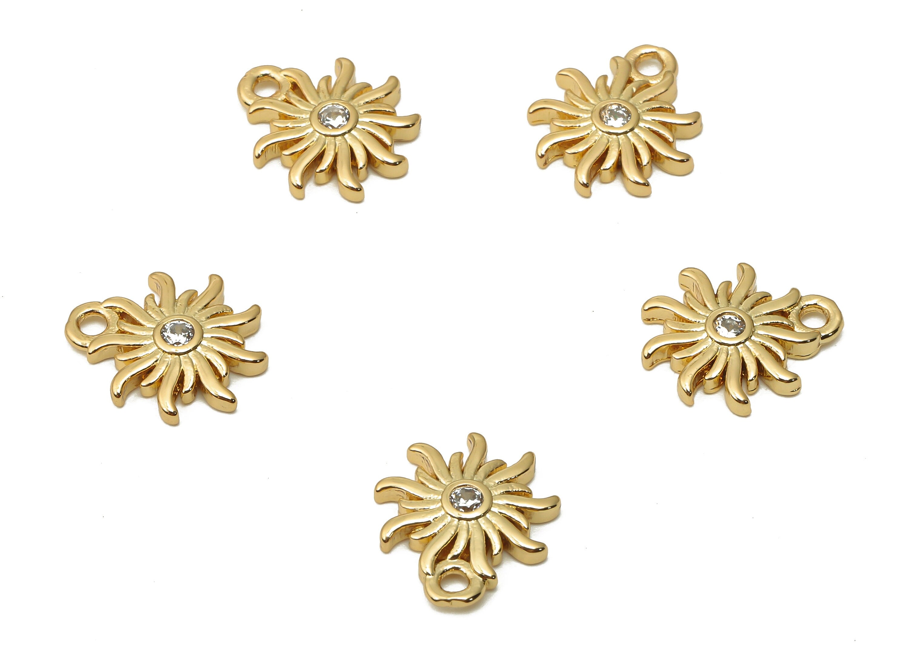 Brass Mini Sun Pendant With Zircon - Brass Necklace - Earring Charms For Bracelet - 18K Real Gold Plated - 12.11x10.47x1.8mm - RGP4953 - DOMEDBAZAAR