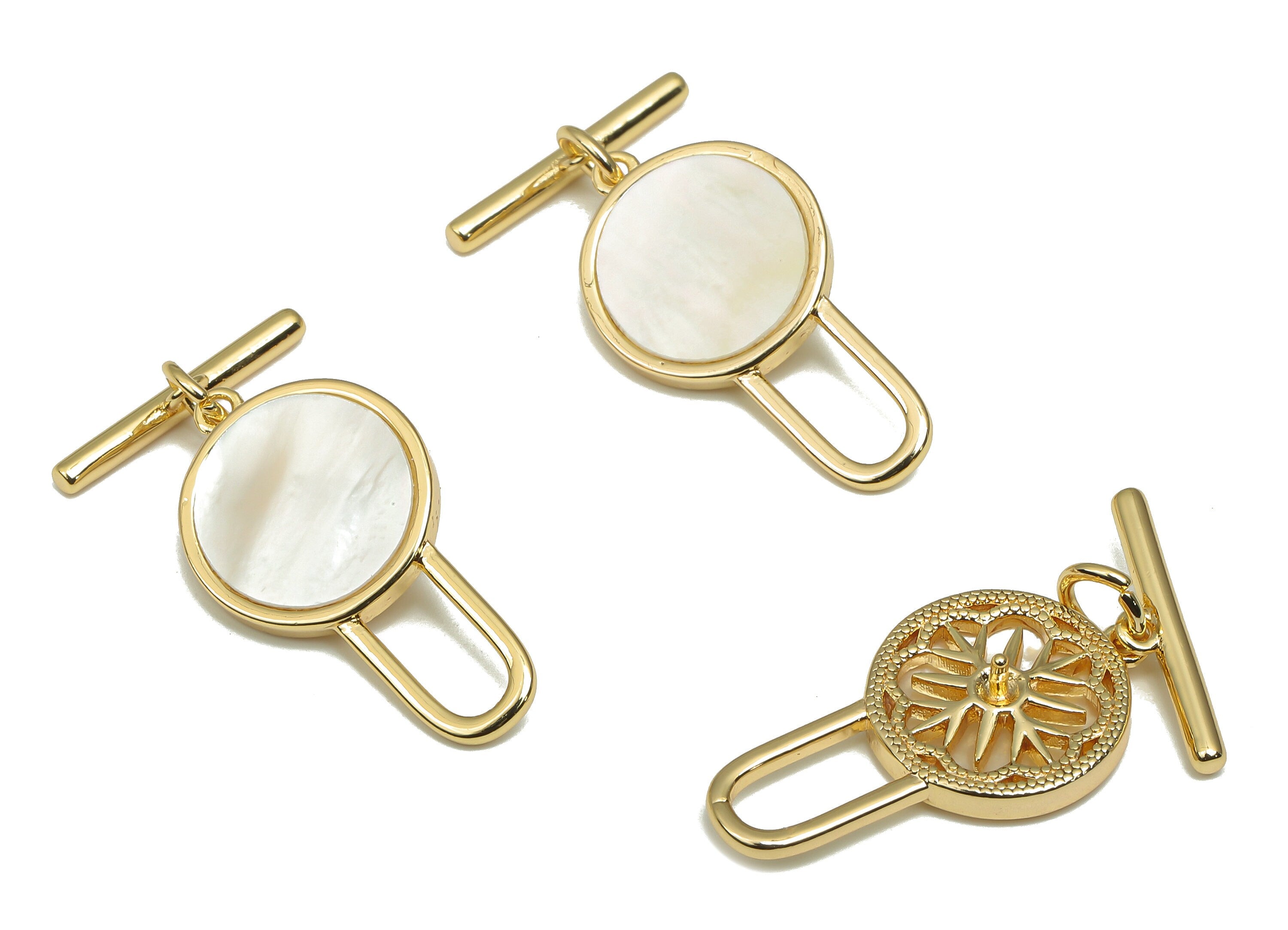 Brass Toggle Clasp - Round Shell Bracelet Toggle Clasp - Circle Toggle Necklace - 18K Real Gold Plated Brass - 29.19x15.87x2.25mm - RGP4572 - DOMEDBAZAAR