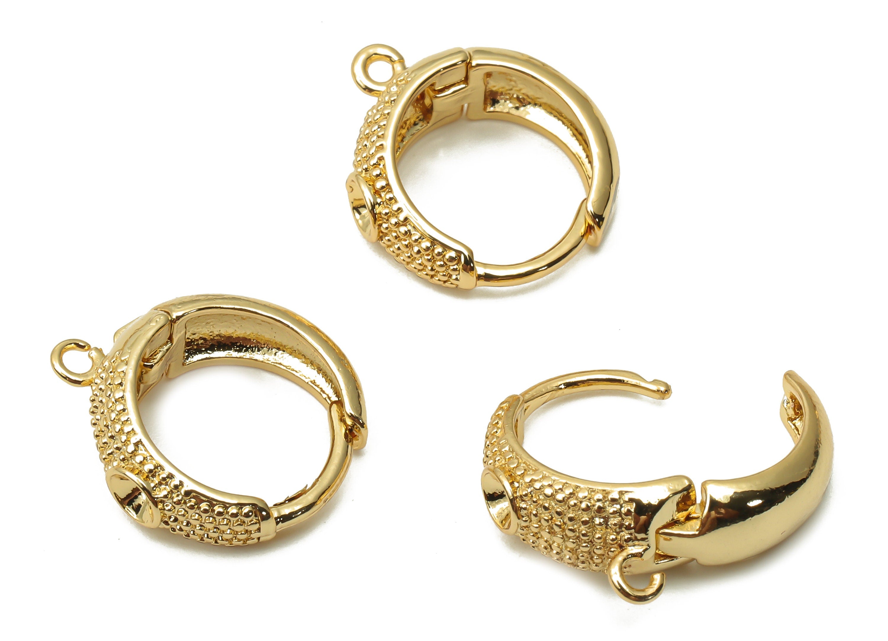 Brass Circle Textured Earring Clasps - Brass Dotted Clasps - Thick Huggie Hoop With loop - 18K Real Gold Plated - 16.23x10.04x1.94mm-RGP4955 - DOMEDBAZAAR