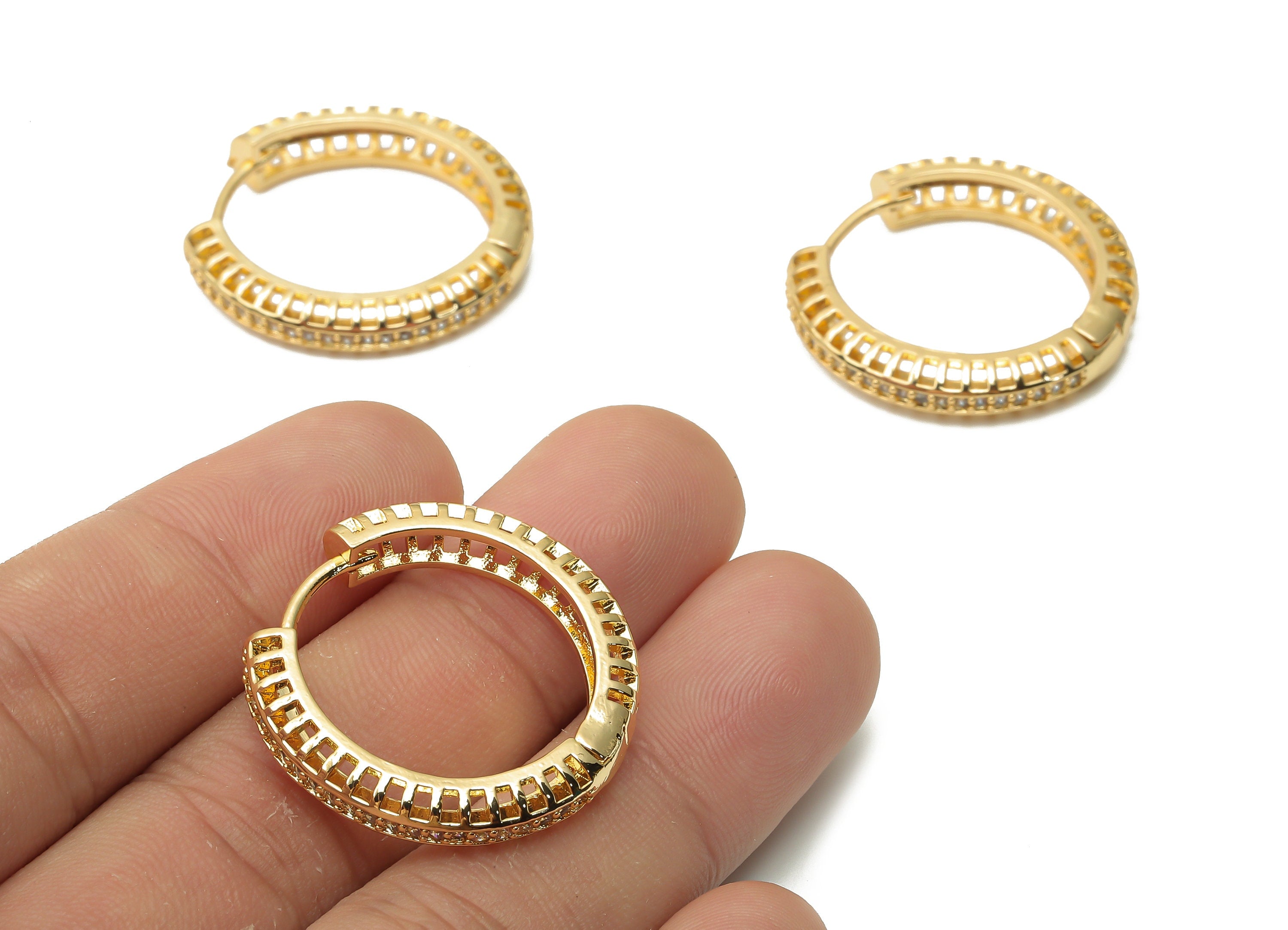 Brass Round Earrings With Zircons - Hollow Hoop Clasps - Brass Textured Thick Hoop - 18K Real Gold Plated- 29.23x29.23x3.28mm - RGP4958 - DOMEDBAZAAR