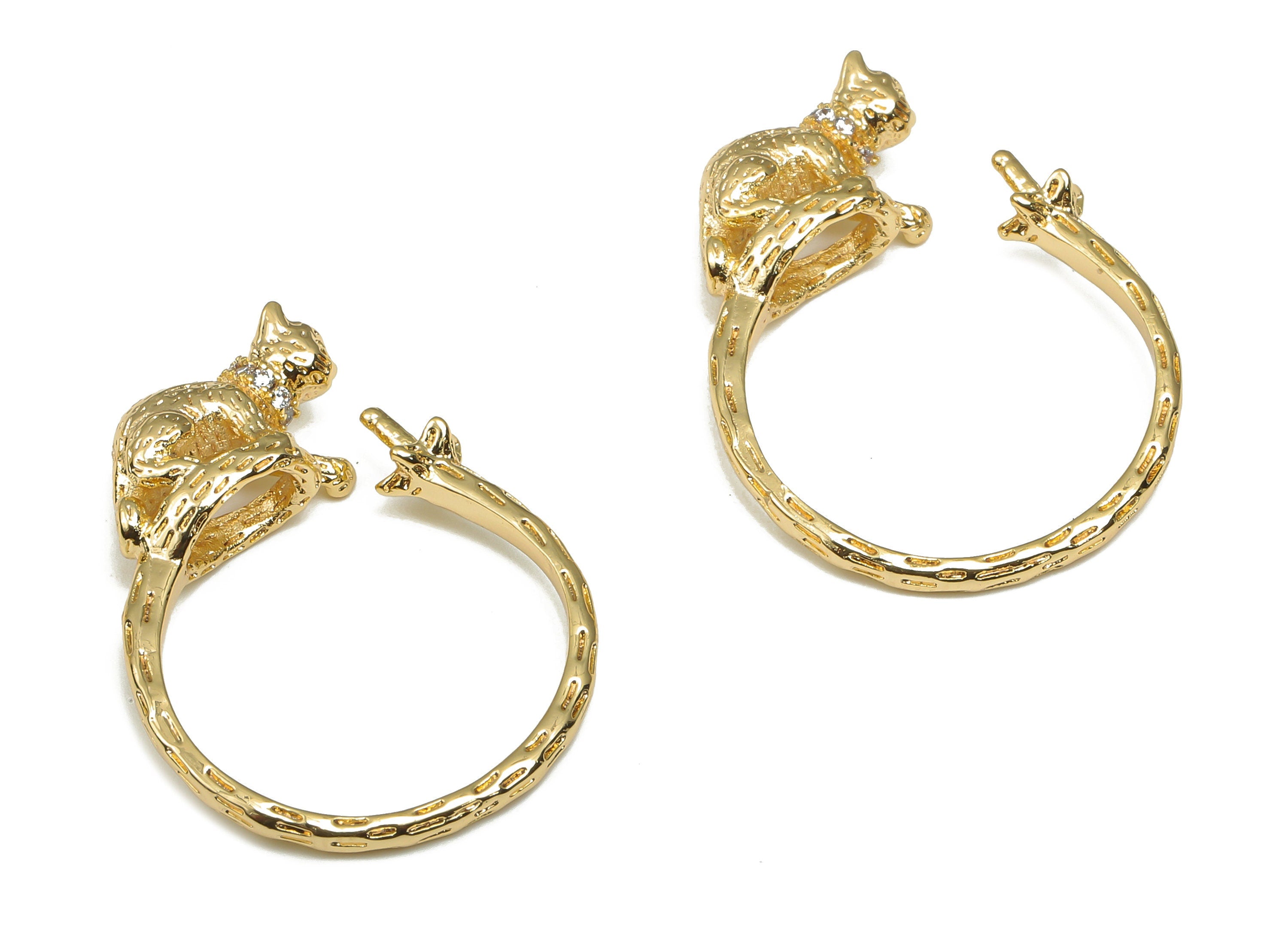 Brass Cat Open Hoop Earrings - CZ Paved Gold Cat Earring - Cat Lady Gift - For Pearl - 18K Real Gold Plated Brass - 25x19.2x4.97mm - RGP4576 - DOMEDBAZAAR