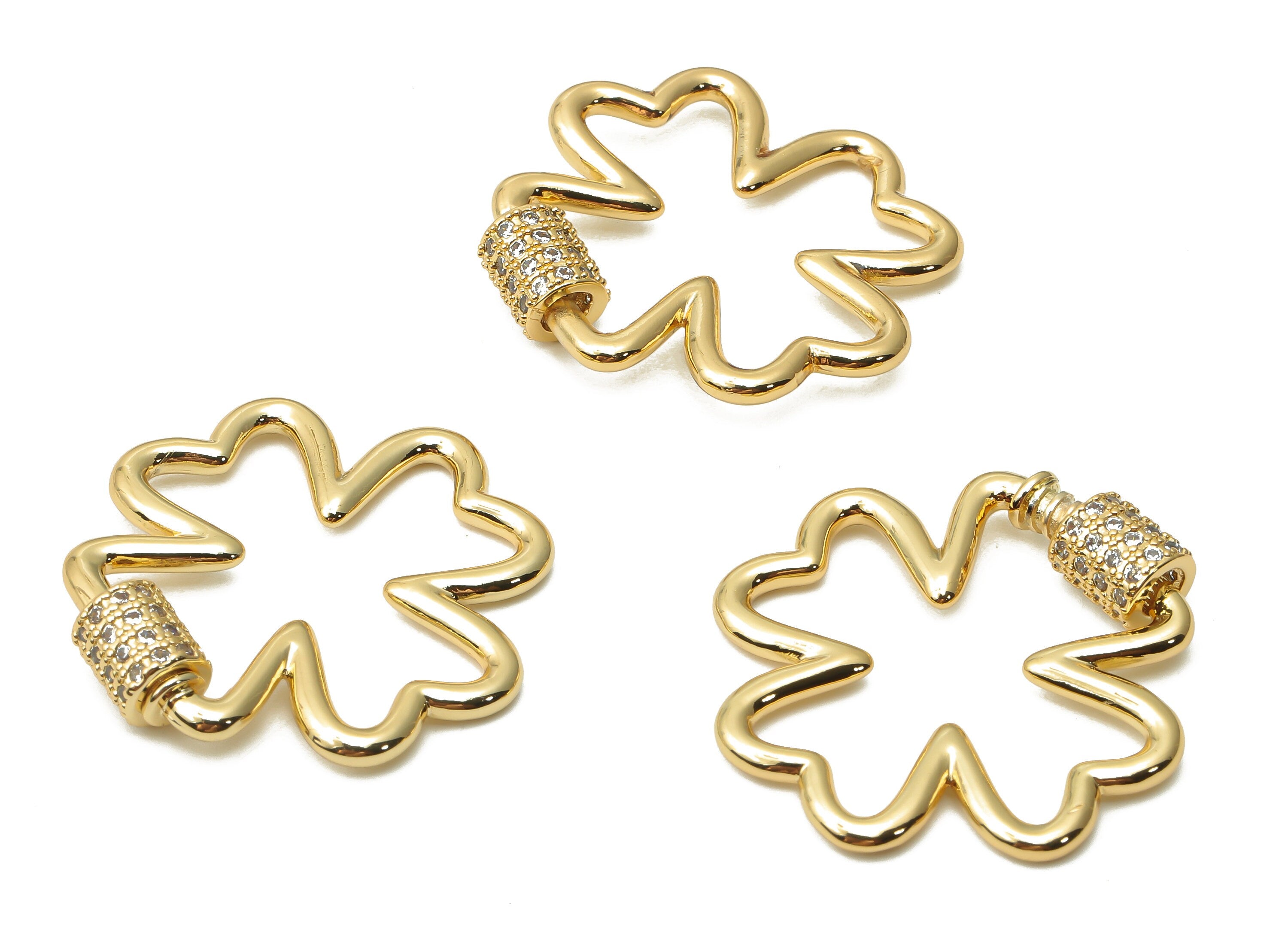 Brass Screw Clasp Lock Clover Earring With Zircon - Brass Carabiner Turnbuckle Earring Stud - 18K Real Gold Plated- 27.24x26x1.92mm-RGP4959 - DOMEDBAZAAR