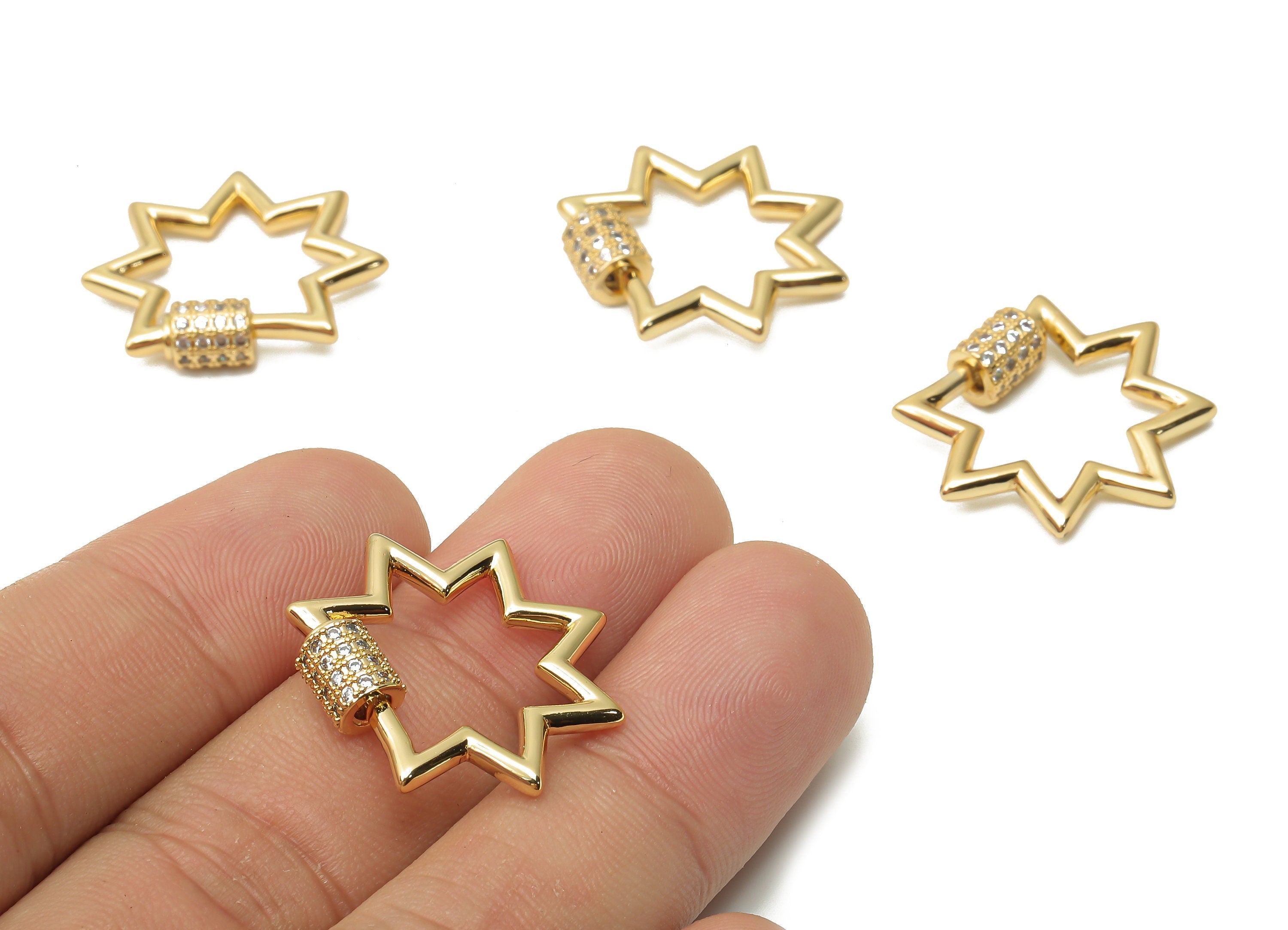 Brass Screw Clasp Lock Star Earring With Zircons - Carabiner Turnbuckle Earrings Stud - 18K Real Gold Plated- 25.28x23.14x2.16mm - RGP4961 - DOMEDBAZAAR