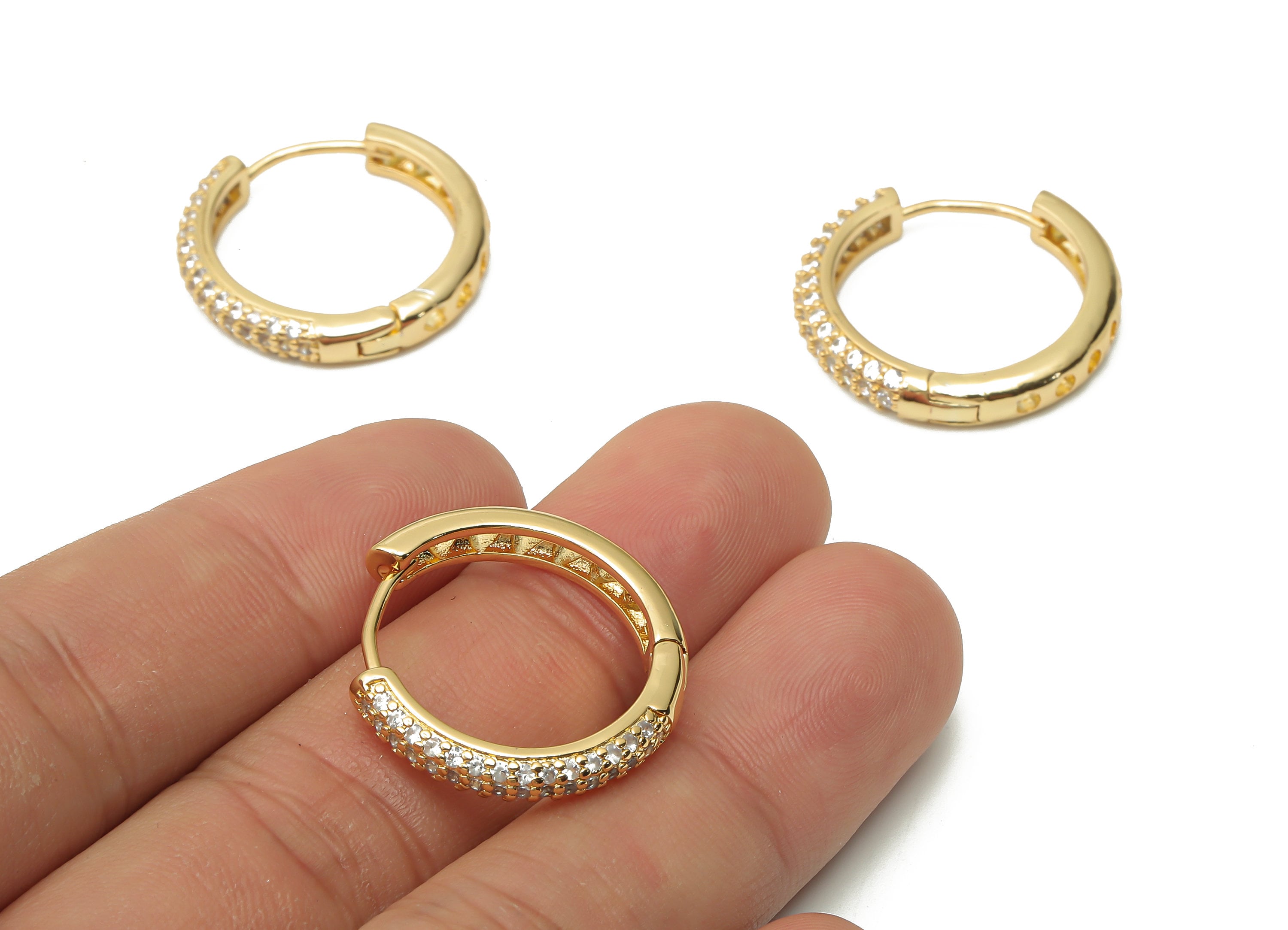 Brass Round Huggie Hoop Earrings - Brass Huggie Hoop With Zircons - Brass Circle Stud - 18K Real Gold Plated –24.2x24.2x1.4mm - RGP4965 - DOMEDBAZAAR