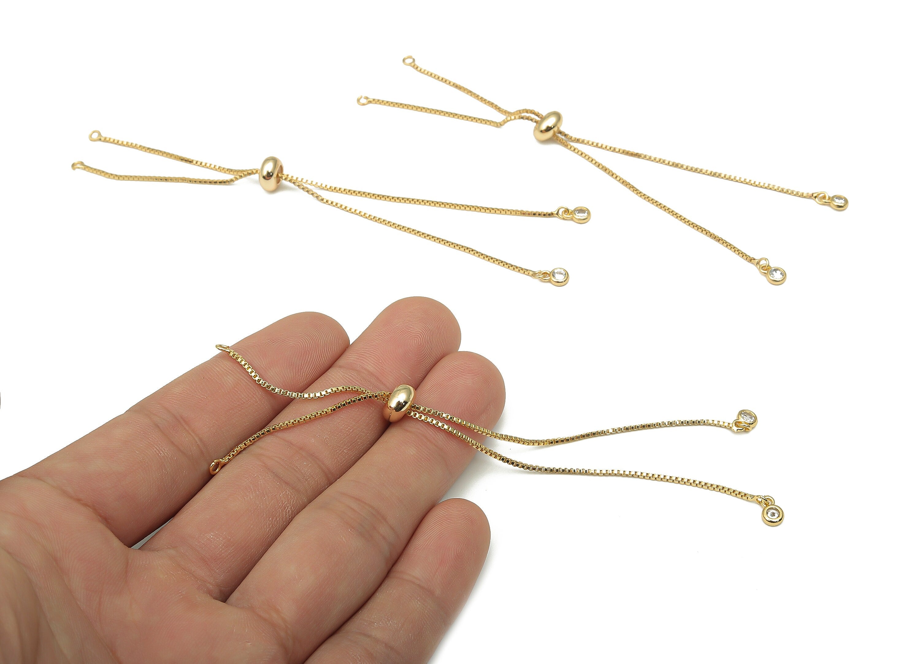 18K Real Gold - Sliding Stopper Adjustable Bracelet With Beads - Box Chain - Half Finished - Cube Chain - 121.87x8.17x4.09mm - RGP4582 - DOMEDBAZAAR