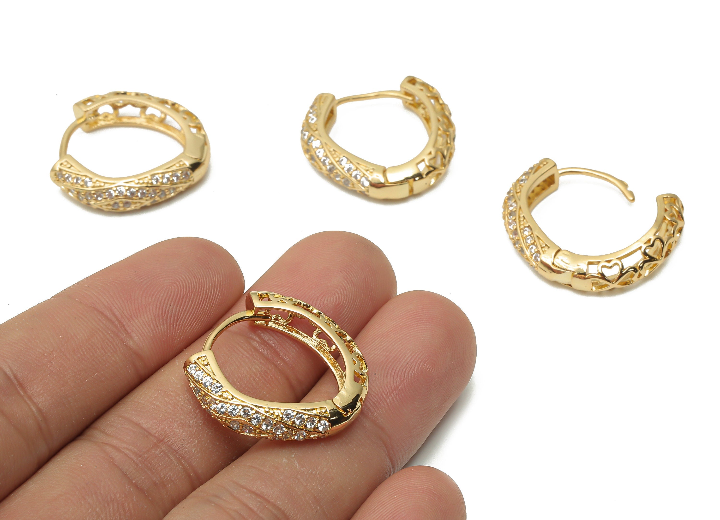 Brass Round Huggie Hoop Earrings with Zircons - Brass Thick Hoop Earrings - Huggie Hoop - 18K Real Gold Plated - 23.7x22.83x2mm - RGP4967 - DOMEDBAZAAR