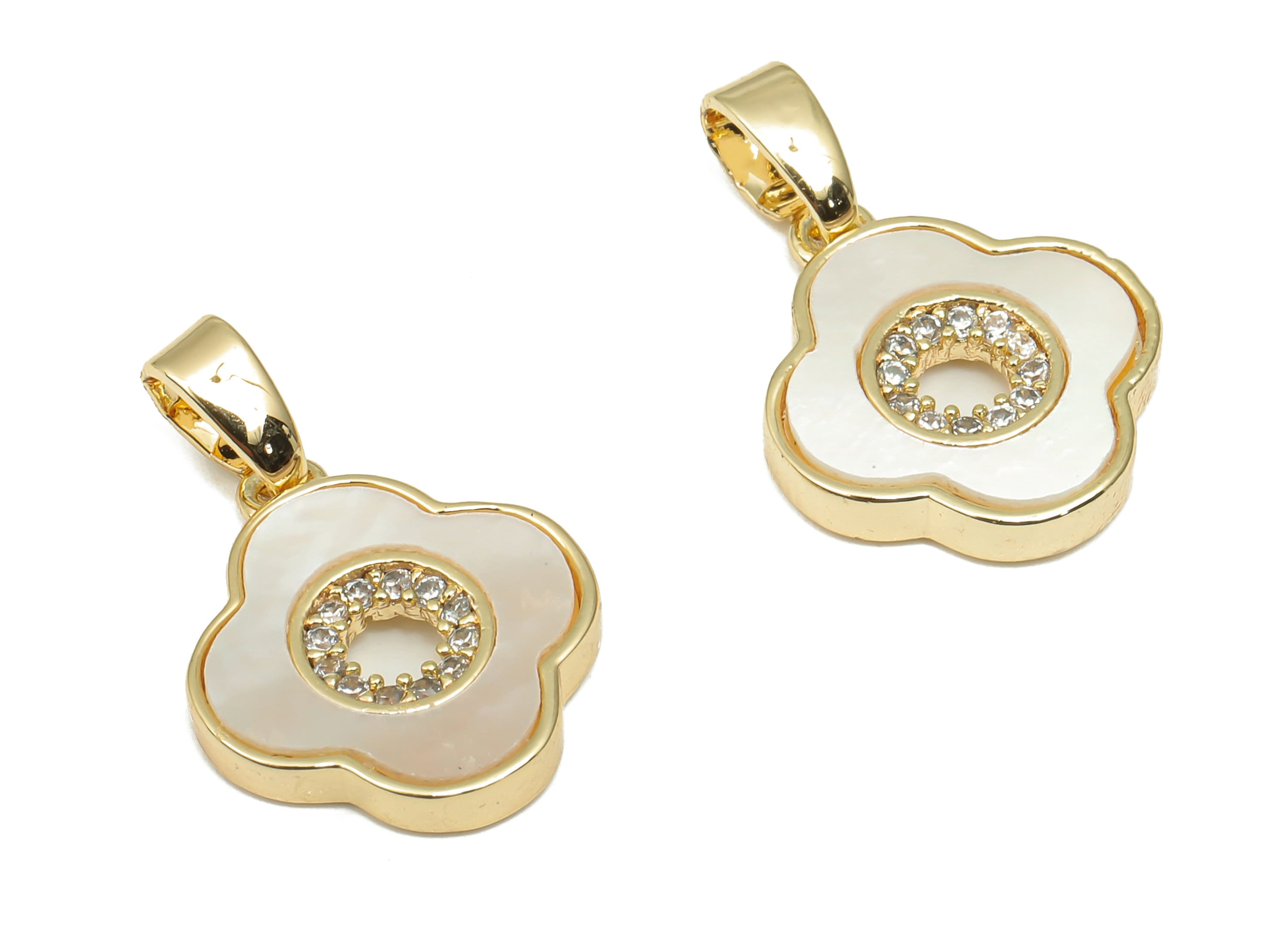 Brass Flower Charms - Brass CZ Paved Shell Flower Pendant - 18K Real Gold Plated Brass - For Necklace - 18.68x12.46x2.34mm - RGP4584 - DOMEDBAZAAR