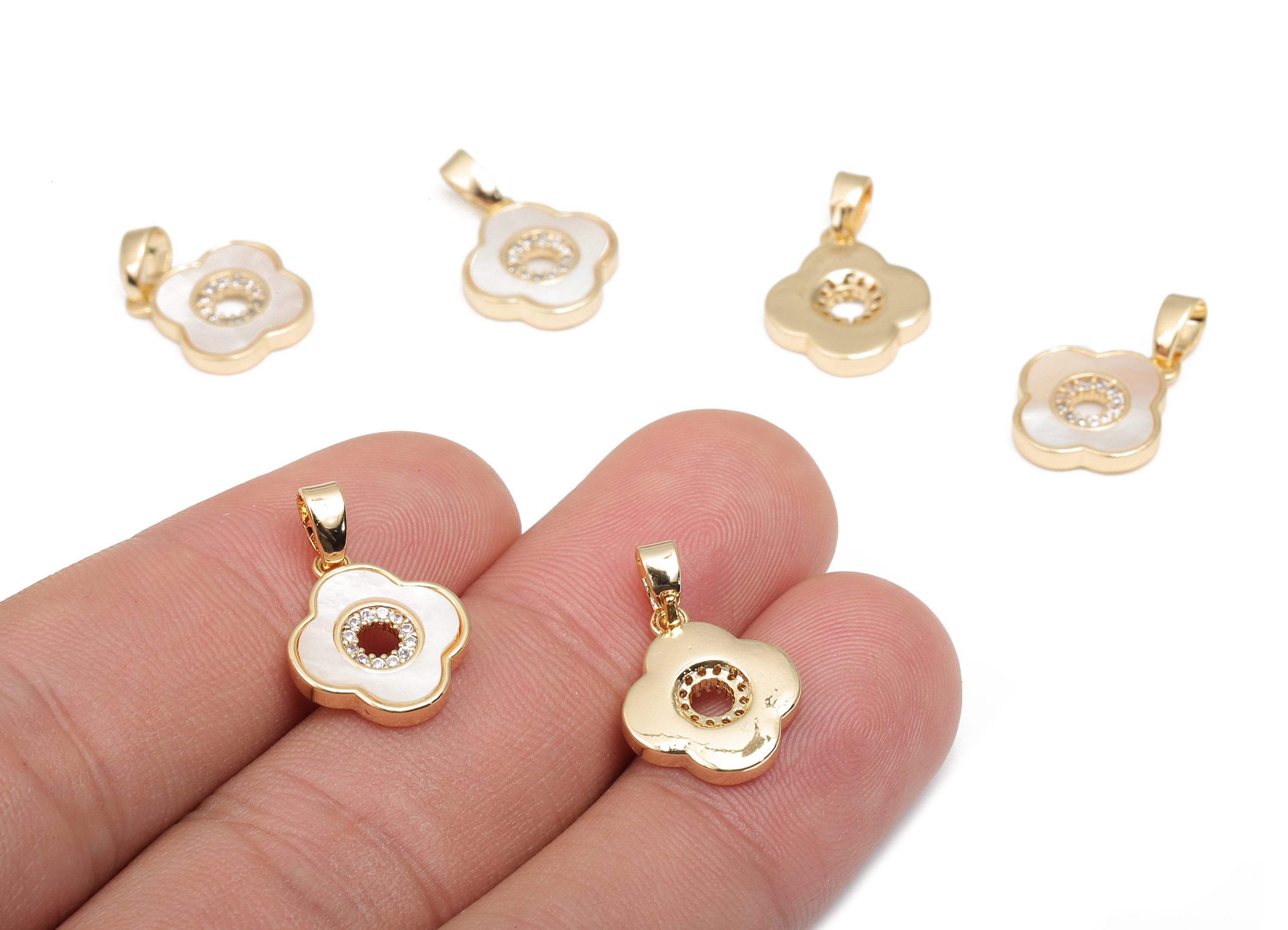 Brass Flower Charms - Brass CZ Paved Shell Flower Pendant - 18K Real Gold Plated Brass - For Necklace - 18.68x12.46x2.34mm - RGP4584 - DOMEDBAZAAR